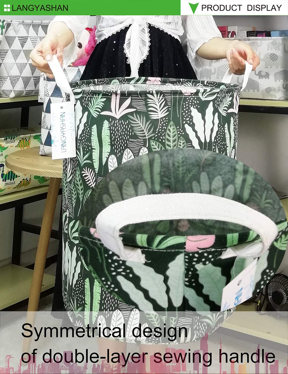 LANGYASHAN Collapsible Canvas Laundry Basket - Foldable Storage Organizer for Clothes, Toys & Gifts, Perfect for Bedroom, Nursery & Kids Room (Round Leaf Design) | Space-Saving Home Organization Solution