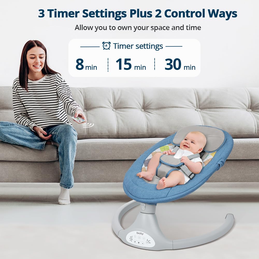 Bioby Baby Swing for Infants 0-12 Months - Portable Infant Rocker with 5 Speed Settings, Bluetooth Music, Remote Control & 5-Point Safety Harness - Lightweight Baby Bouncer for Newborns 5-20 lbs (Blue) - Perfect for Nursery, Living Room & Travel