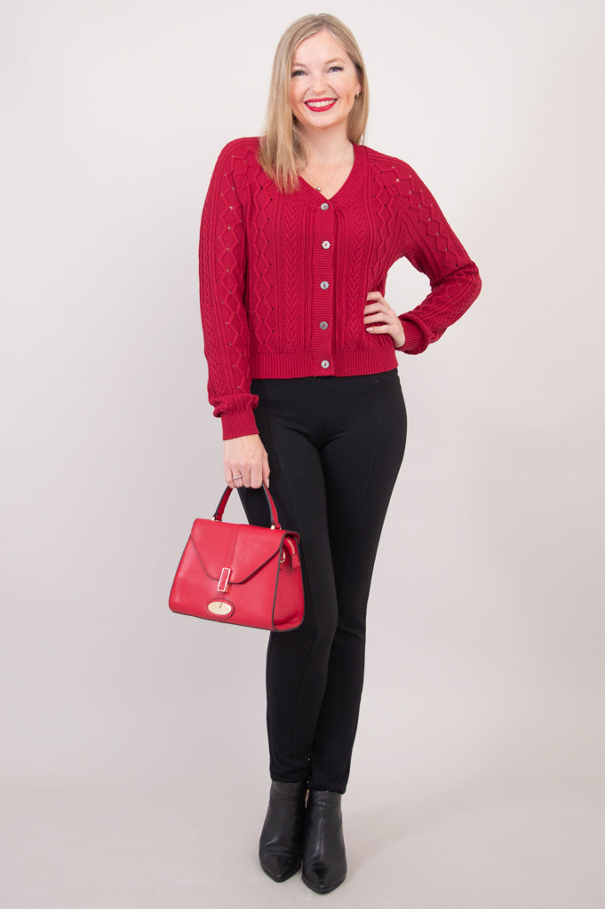 Bena Women's Red Cotton Cardigan Sweater - Soft & Comfortable Open Front Knit Wrap for Casual Outfits & Layering in Fall & Winter