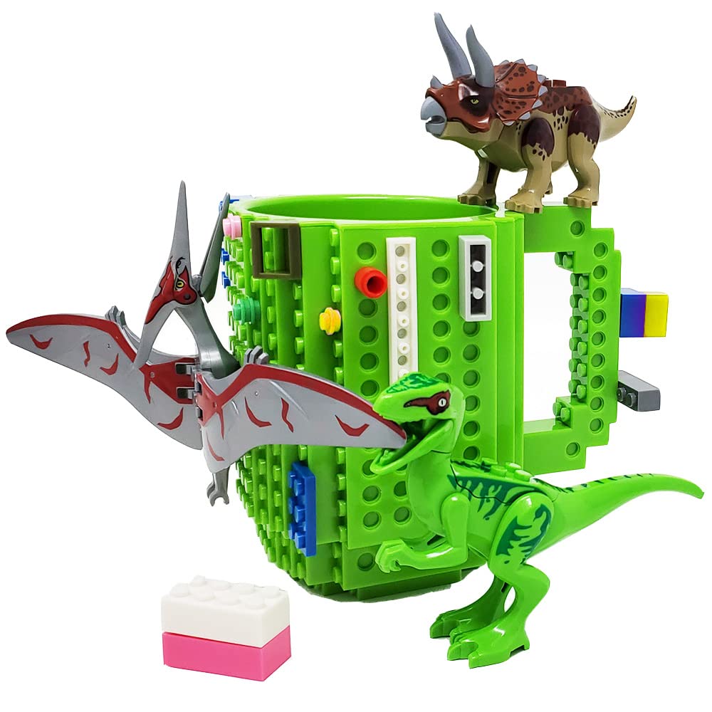 Dinosaur Building Block Mug - 14oz DIY Coffee Cup with 4 Brick Packs, Lego-Compatible, Fun Novelty Gift for Kids & Adults | Perfect for Office Use, Birthday Gifts & Creative Play