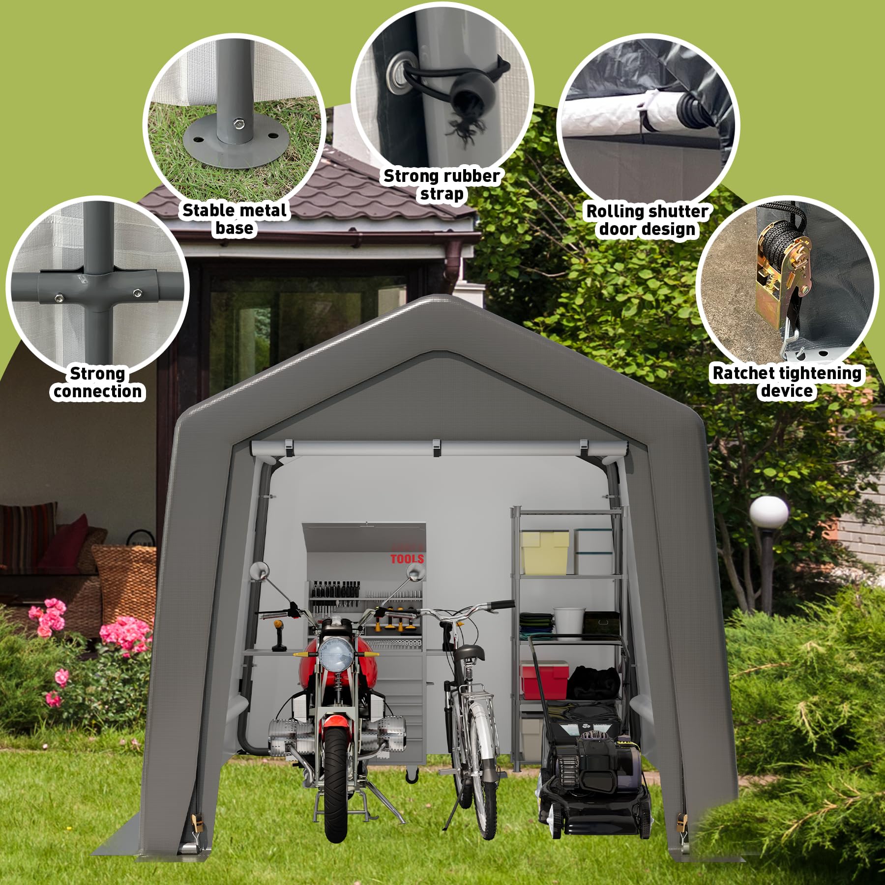 8x12FT Waterproof Outdoor Storage Shed - UV Resistant Portable Garage with Roll-up Zipper Doors for Motorcycle, Bike & Garden Tools - Perfect for Backyard, Patio & RV Storage (Grey)