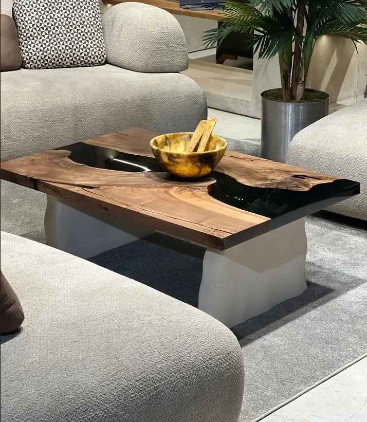 Epoxy Resin Walnut Coffee Table with Stone-Look Legs - Modern Living Room Centerpiece for Home Decor