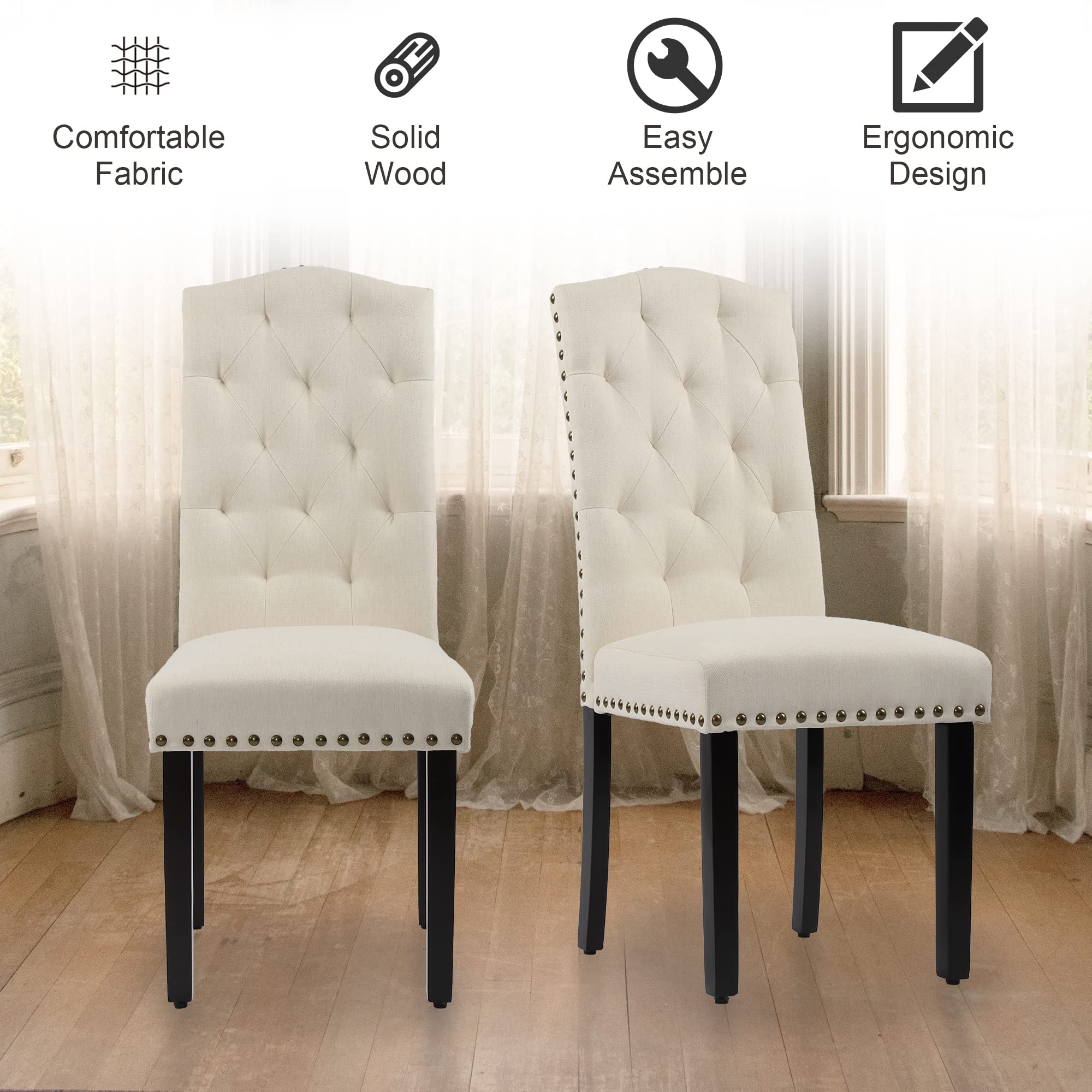 DAGONHIL 2-Piece Upholstered Dining Chair Set - Armless Kitchen Chairs with Solid Black Wood Legs for Home, Kitchen & Living Room (Beige) | Comfortable Seating for Family Meals & Entertaining