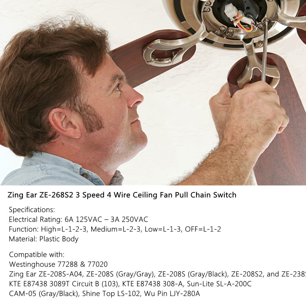 3-Speed Ceiling Fan Switch with Pull Chain - Zing Ear ZE-268S2 4-Wire Speed Control Switch for Ceiling Fans, Wall Lights & Cabinet Lighting - Brass Finish for Home & Office Use