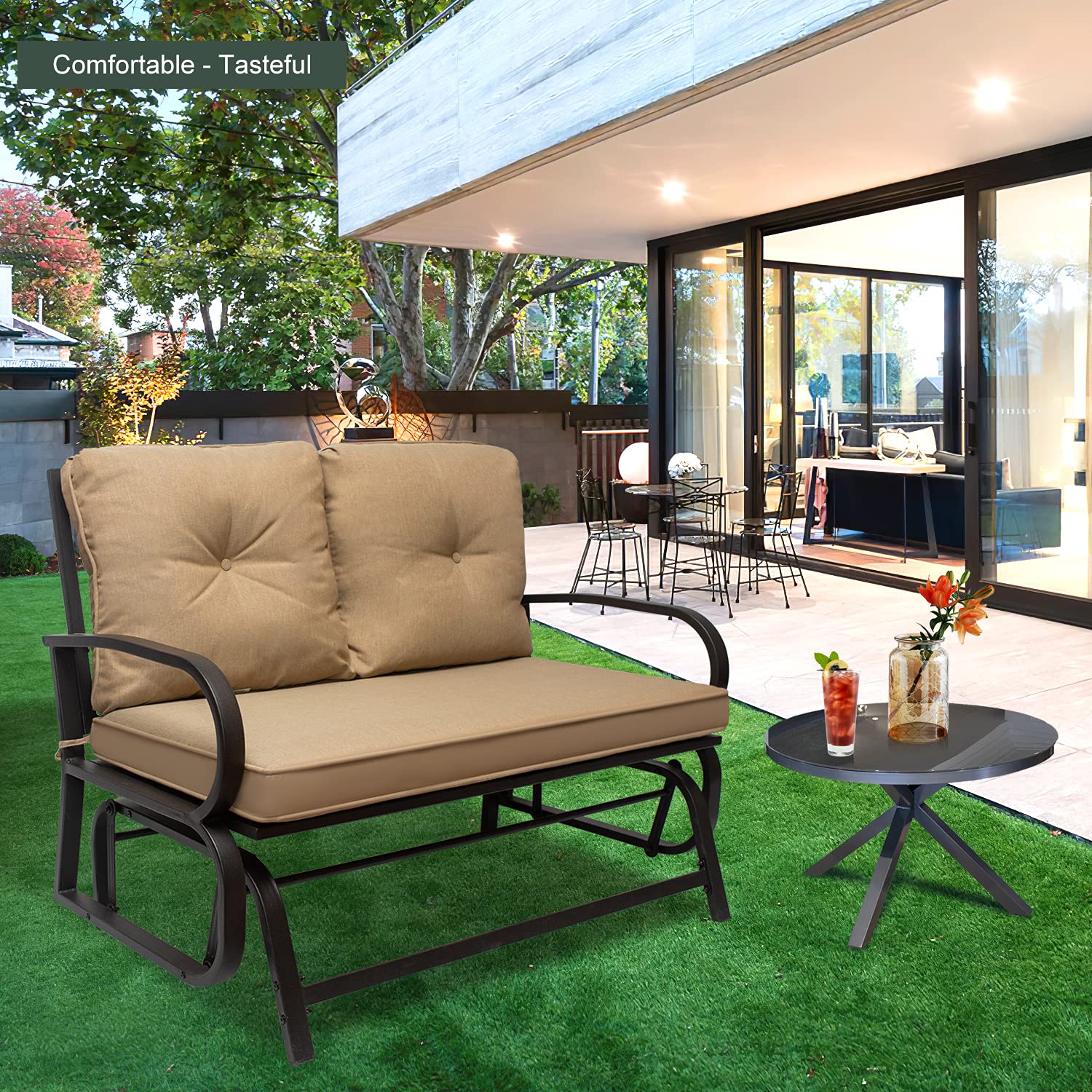 2-Person Outdoor Swing Glider Rocking Chair Set with Cushions - Steel Frame Patio Loveseat Bench for Garden, Porch, Backyard, Poolside & Lawn - Perfect for Relaxing, Sunbathing & Outdoor Entertaining (Khaki)