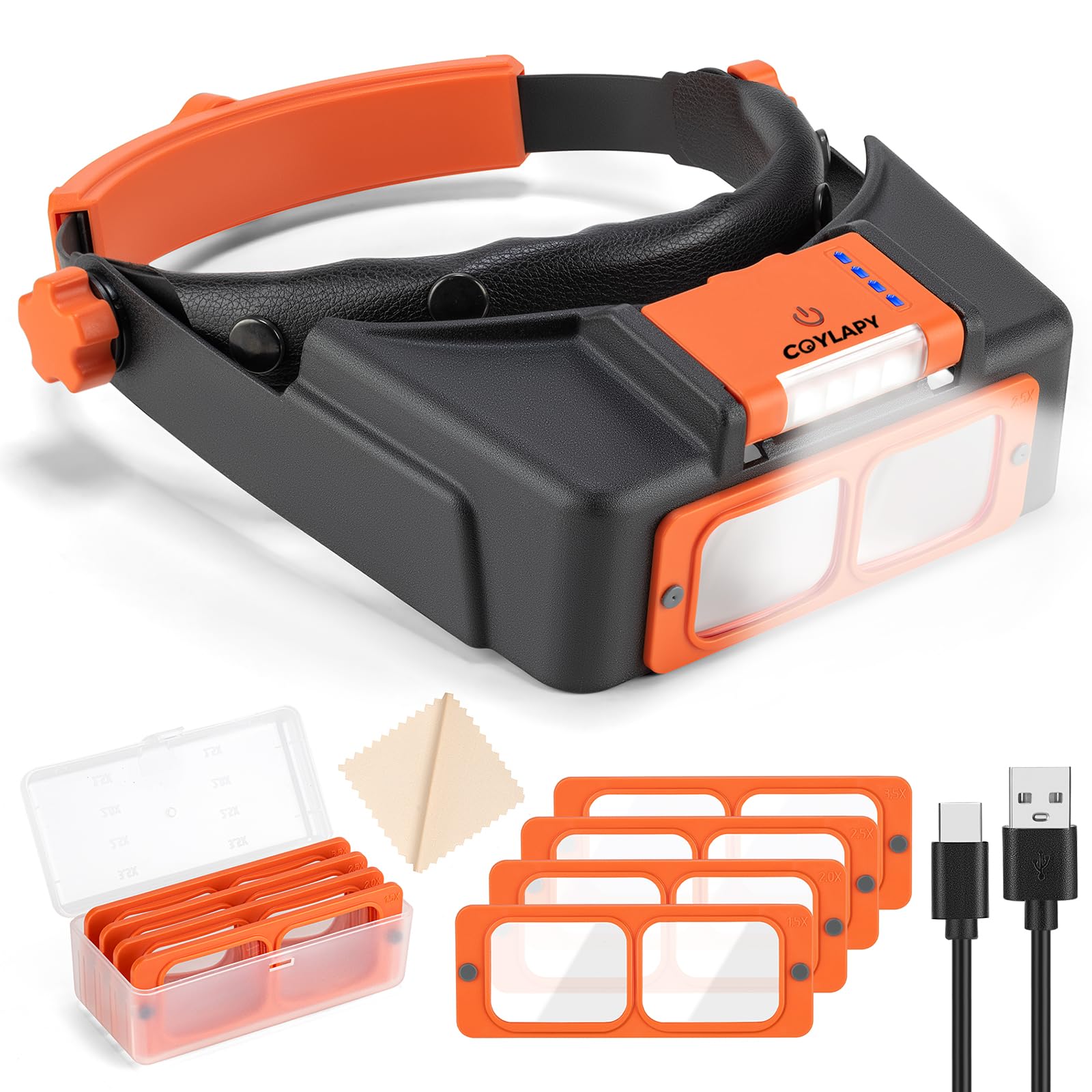 Rechargeable Headband Magnifier with LED Light - 1.5X to 3.5X Magnifying Glasses for Jewelry Making, Reading & Crafts - Hands-Free Magnifying Visor with 4 Interchangeable Lenses - Perfect for Watch Repair, Model Building & Detailed Hobbies