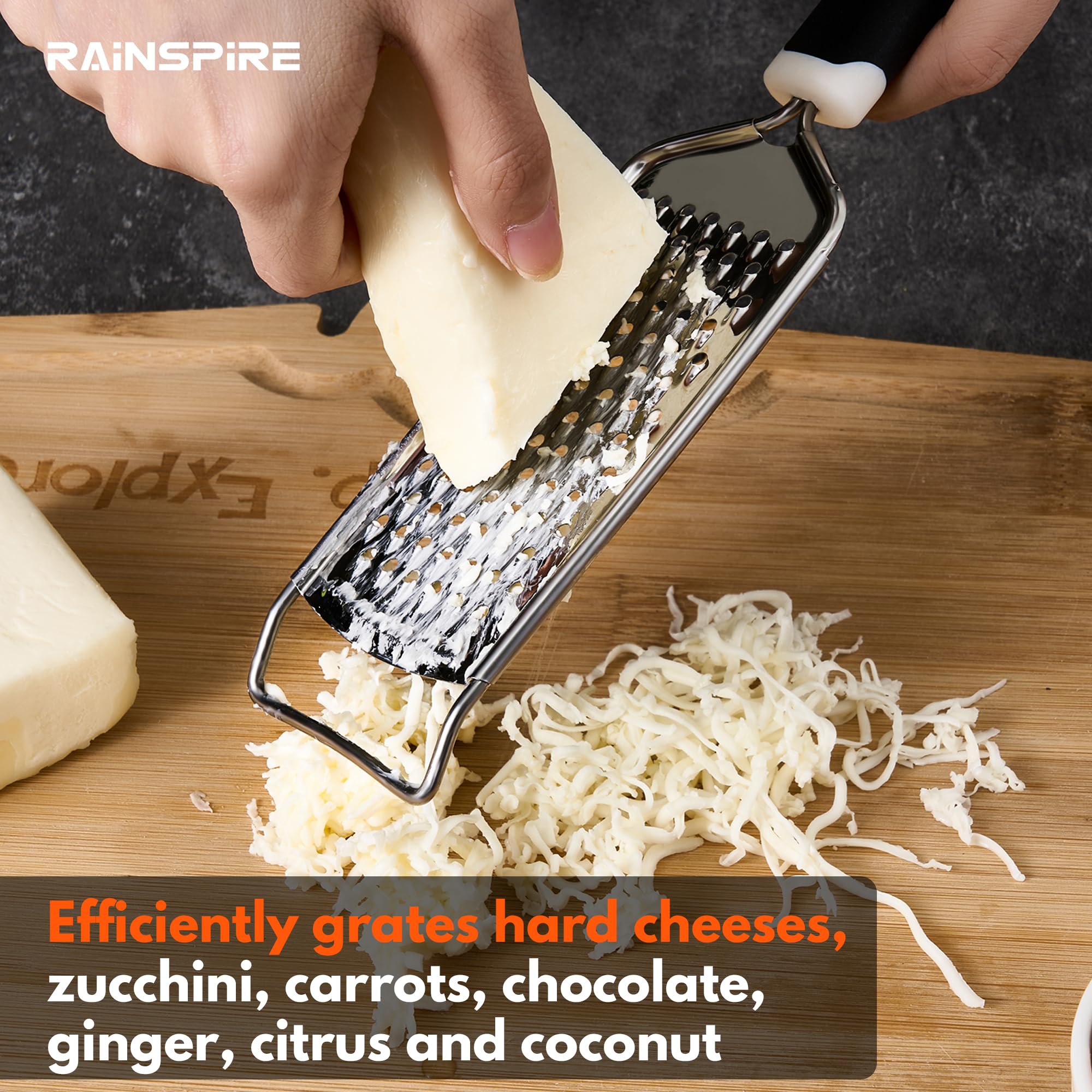 Rainspire Professional Stainless Steel Handheld Cheese Grater - Multi-Purpose Kitchen Tool for Cheese, Chocolate, Spices & Lemon Zesting - Ergonomic Soft Grip Handle (Black) - Perfect for Cooking, Baking & Garnishing Dishes