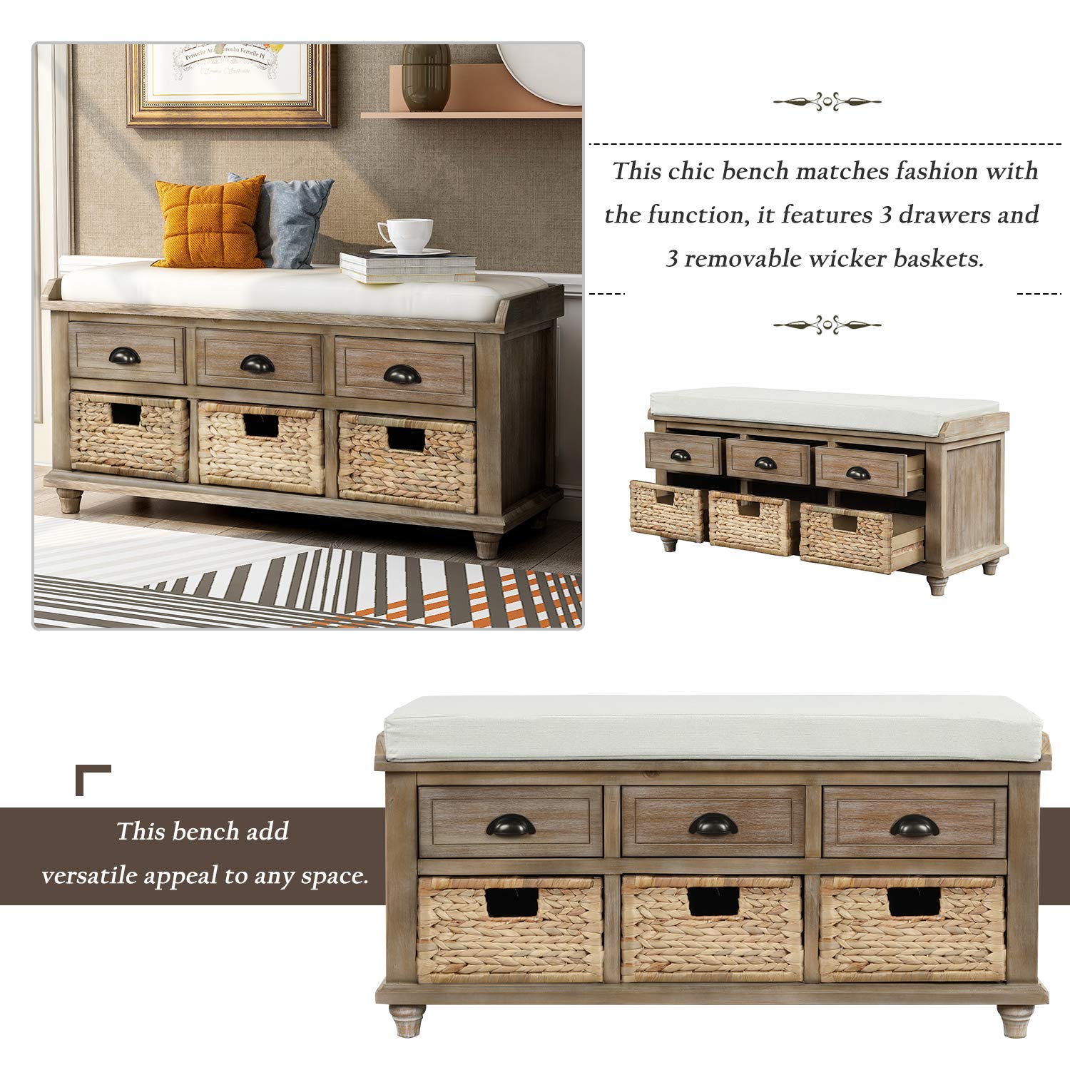 Rustic Entryway Storage Bench with Drawers & Baskets - Shoe Organizer for Living Room & Hallway