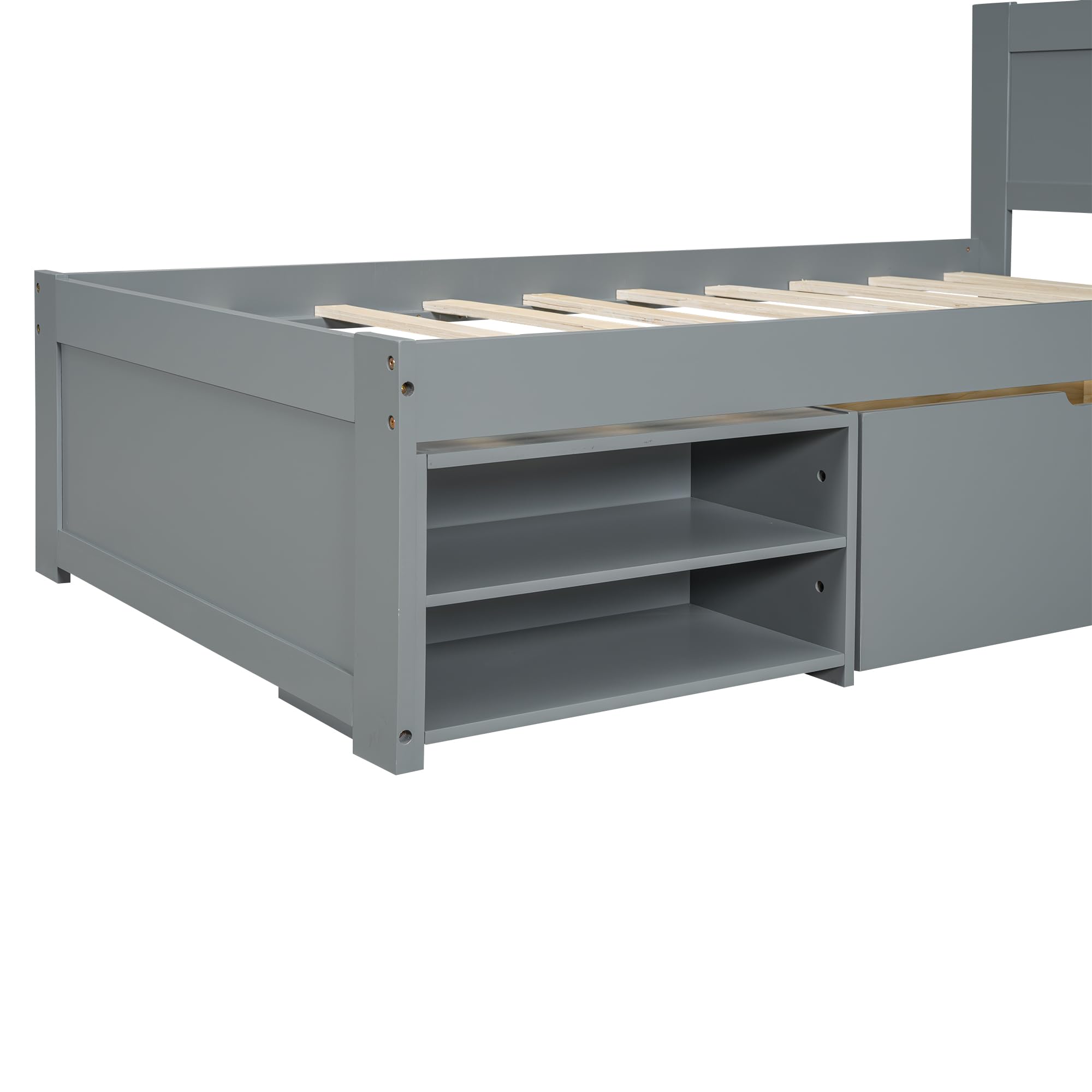 Merax Twin Size Wooden Platform Bed with Storage - Underbed Drawer, Shelves & Rolling Rack for Kids Bedroom - Space-Saving Grey Bed Frame for Boys and Girls | Perfect for Small Rooms, Dorms & Apartments