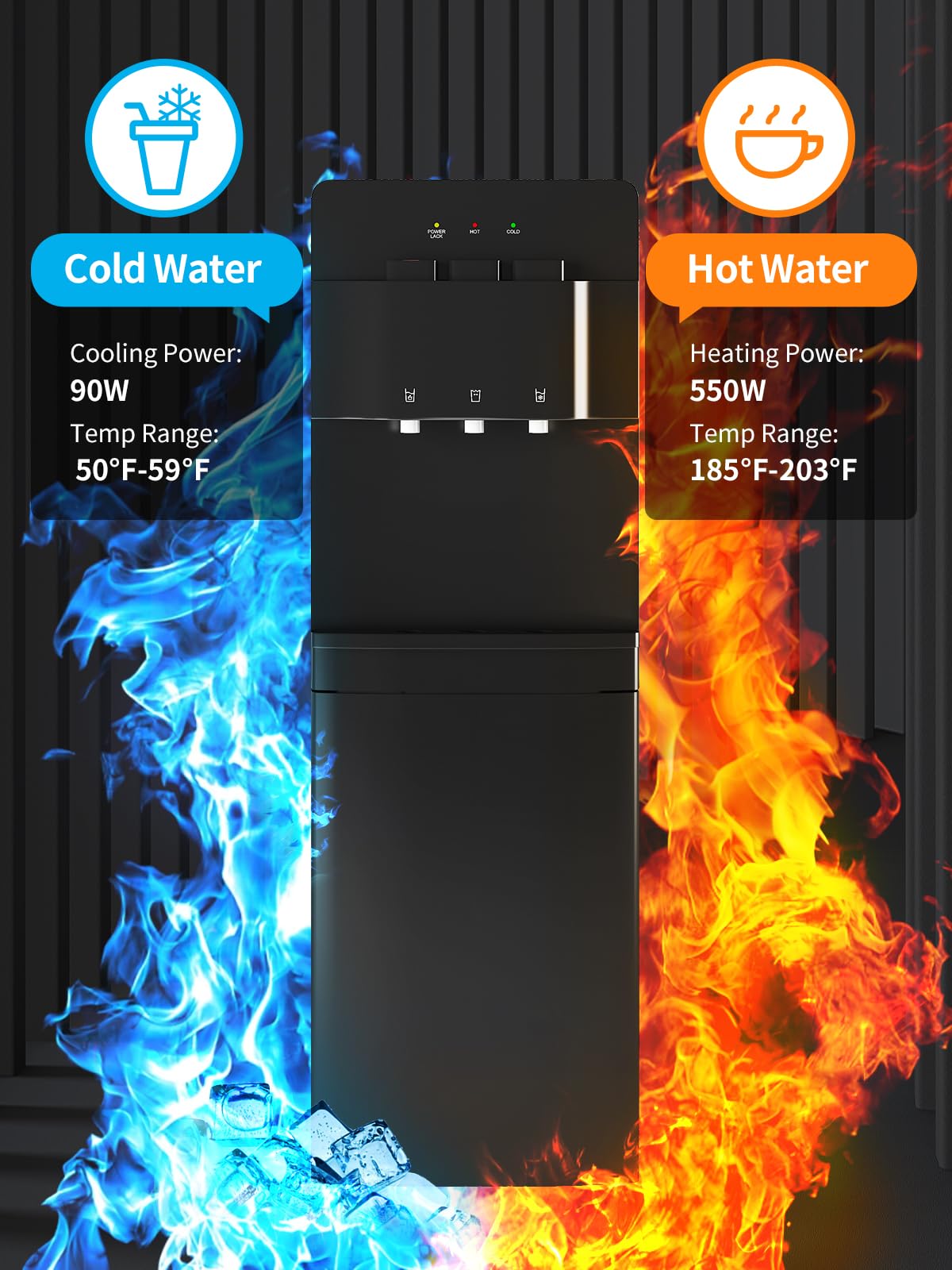 TABU Bottom Loading Water Cooler Dispenser - Hot, Cold & Room Temperature Water with Child Safety Lock, Anti-Scalding Design for 3/5 Gallon Bottles (Black) - Perfect for Home, Office & School Hydration Needs