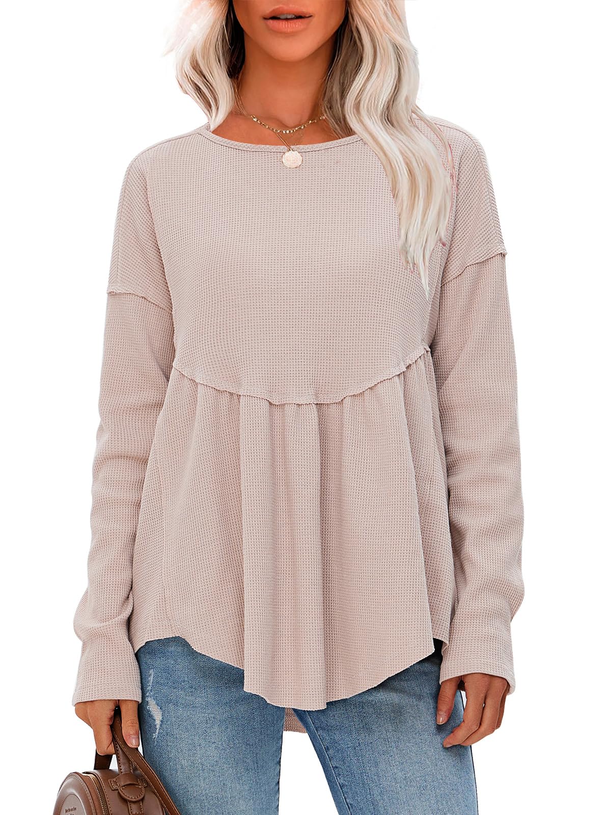 EXLURA Women's Waffle Knit Long Sleeve Crewneck Tunic Top - Loose Fit Babydoll Style Maternity Shirt for Fall & Winter 2025 Fashion | Casual Wear, Layering, Pregnancy Comfort, Office & Weekend Outfits