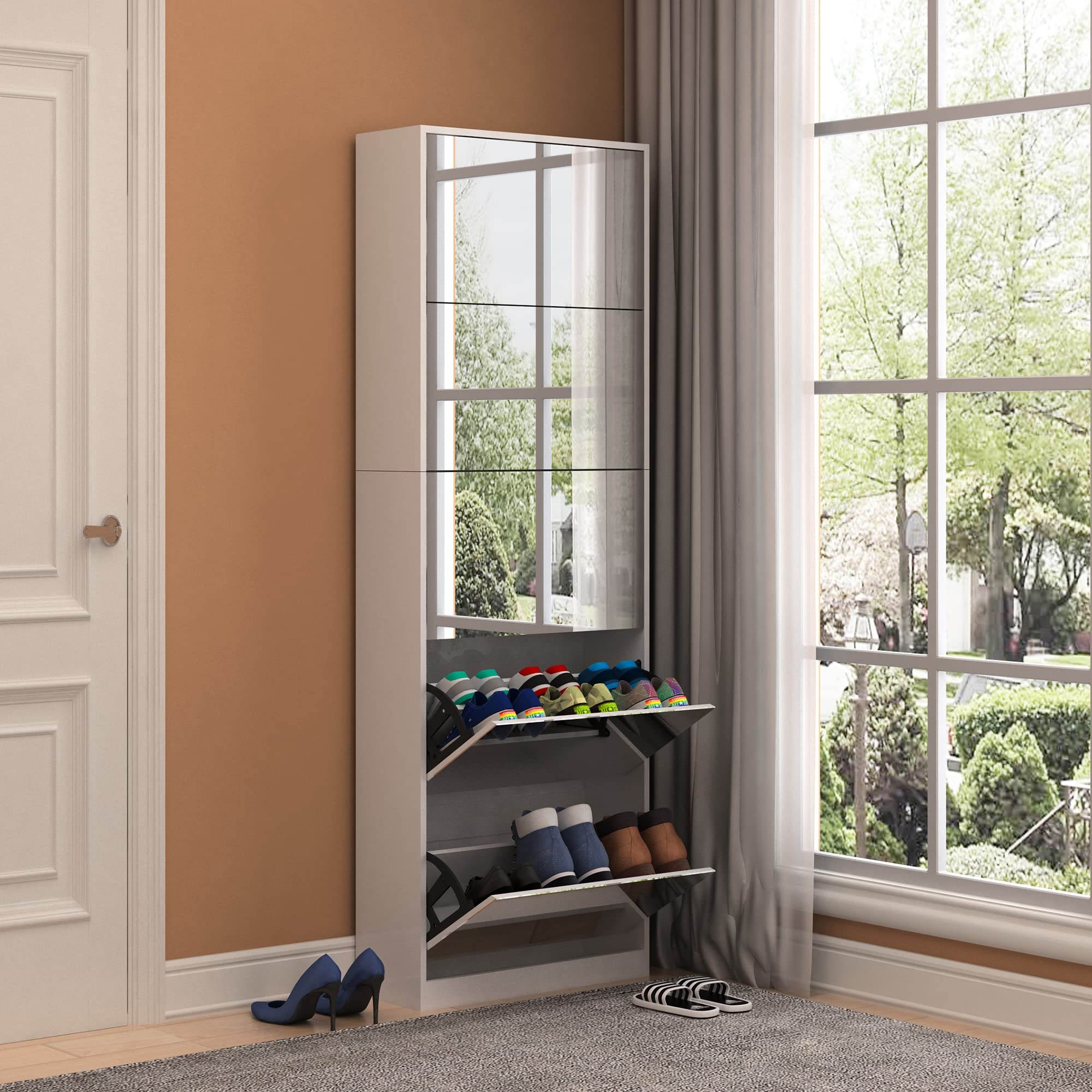 GLS Floor Standing Full Length Mirror Shoe Cabinet - 5 Tier Closet Shoe Organizer for Living Room, Bedroom & Entryway - White - Space Saving Storage Solution for Shoes, Hats & Accessories