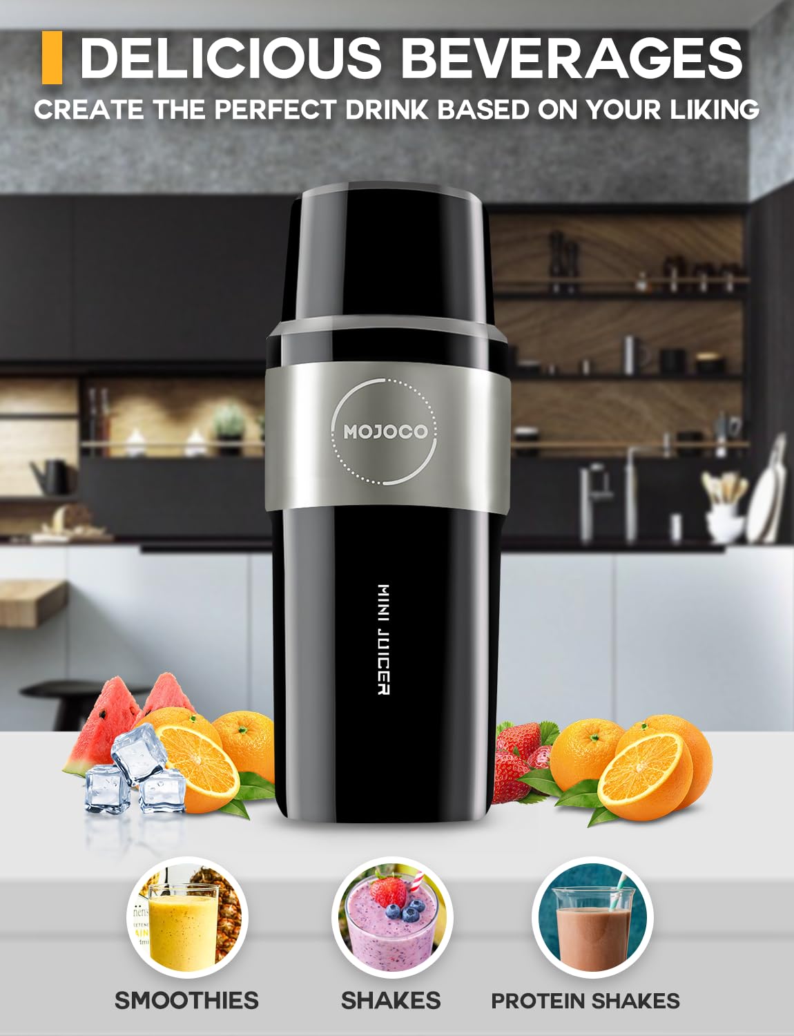 Mojoco Personal Smoothie Blender - Rechargeable Portable Blender for Fruits, Vegetables, Shakes & Smoothies - BPA-Free Food Grade Material - Compact Travel Blender for Camping, Gym, Office & Home Use