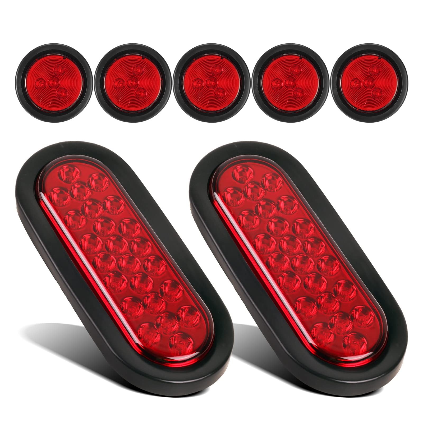 Partsam 2-Pack 6 Inch Red Oval LED Trailer Tail Lights with 24 LEDs + 5-Pack 2 Inch Red Round Sealed Clearance Marker Lights - Grommet Mount, Pigtails Hardwired - Perfect for Semi Trucks, Trailers, Boats & RVs