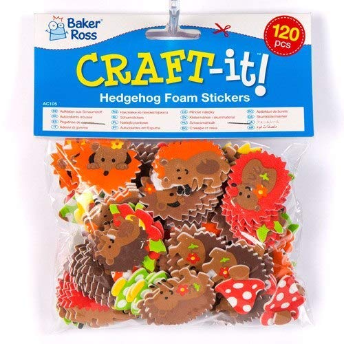Baker Ross AC105 Hedgehog Stickers - Pack of 120, Foam Stickers for Kids Crafts, Self-Adhesive Animal Stickers for Scrapbooking, DIY Projects, School Activities & Party Favors