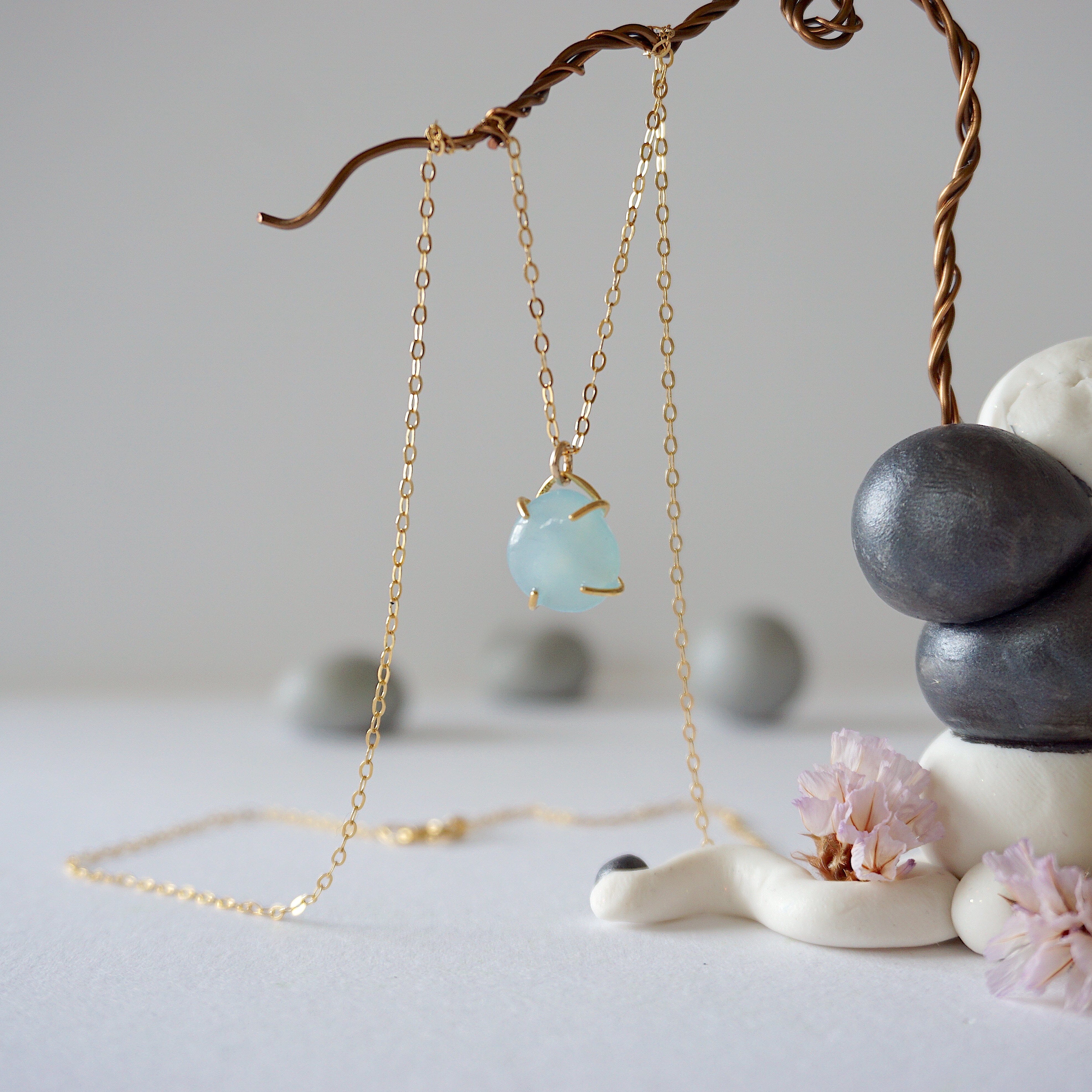 14K Gold Filled Aquamarine Huggie Charm Necklace for Women - Dainty Layering Jewelry for Everyday Wear, Gift for Her, Birthday & Anniversary Present