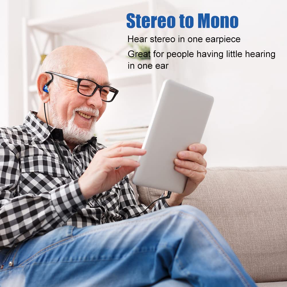 Stereo-to-Mono Single Earbud with Mic & Controls - Wired One Ear Headphone with Over-Ear Hook & Case for iPhone Android Phone Laptop - In-Ear Mono Headset for Driving, Sports, Running, Cycling (Right Ear Only) - Perfect for Hands-Free Calls, Workouts & Commuting