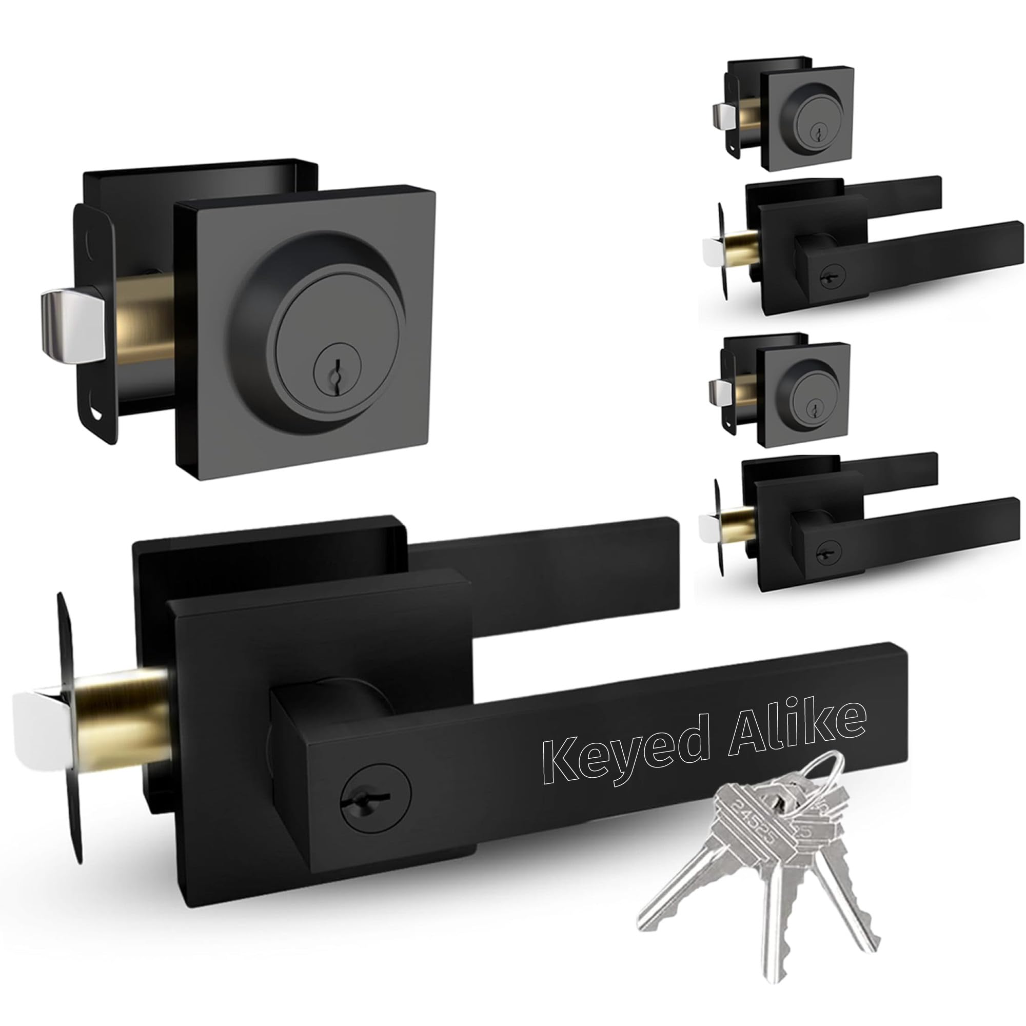 **ROBELL Heavy Duty Entry Lever Door Handle & Deadbolt Lock Combo Pack (3-Pack, Matte Black, Keyed Alike) – Secure & Durable Square Locking Lever Set for Homes, Offices & Apartments**