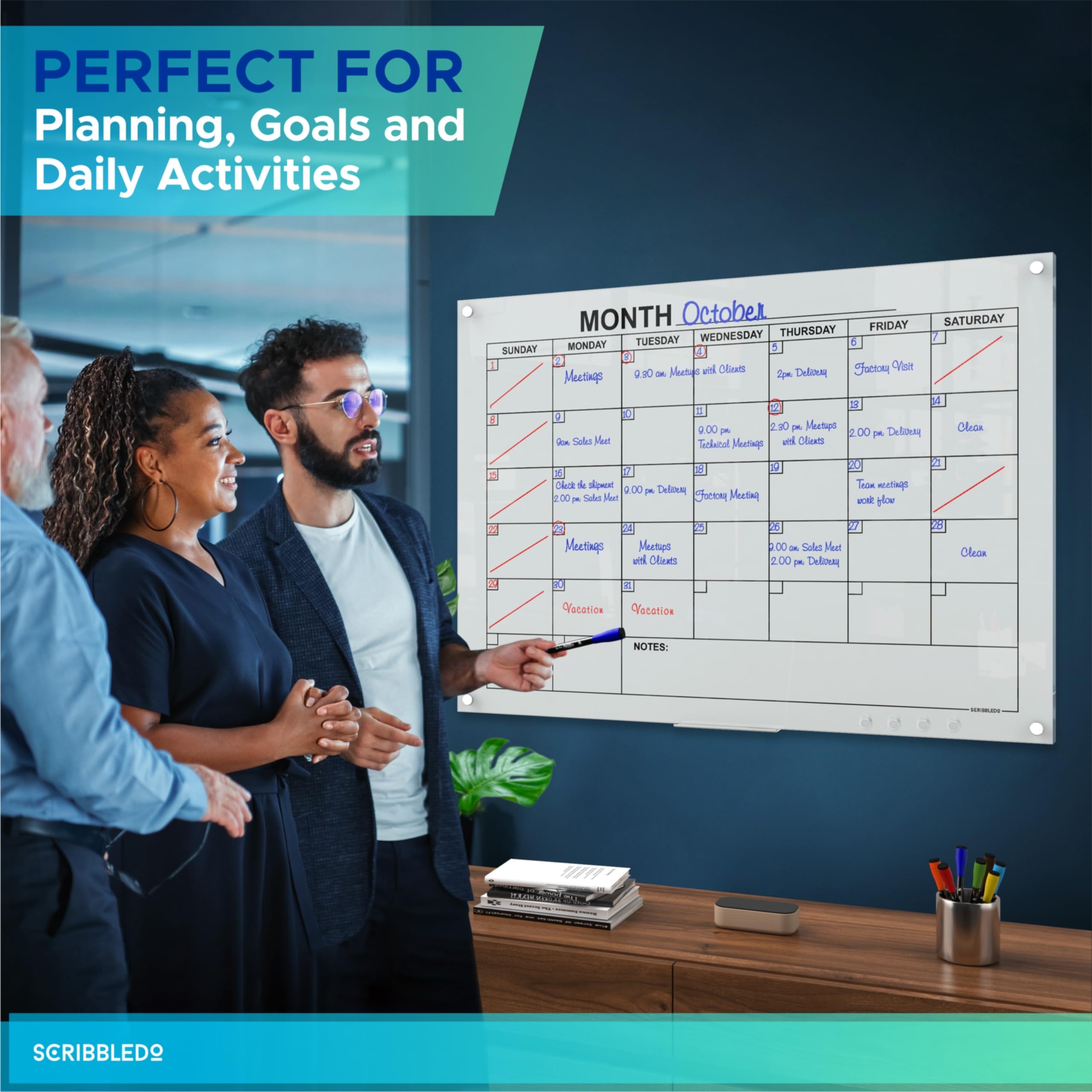 34x46 Inch Magnetic Glass Whiteboard Monthly Planner - Large Dry Erase Wall Calendar for Home & Office with Marker Tray | Perfect for Scheduling, Project Management & Family Organization