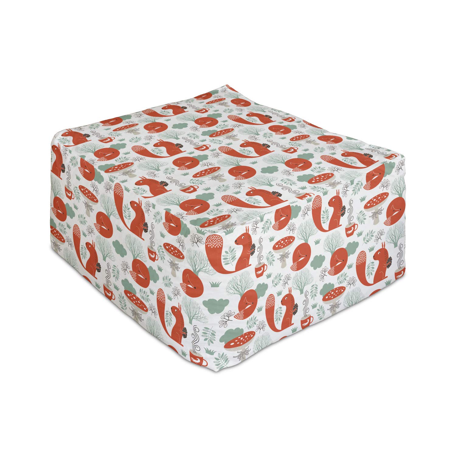 Ambesonne Animal Rectangle Pouf Ottoman - Bohemian Fox & Whimsical Squirrel Design Foot Rest Stool with Removable Cover, 25 Inch, Reseda Green & Dark Brown - Perfect for Living Room, Office & Under Desk Use