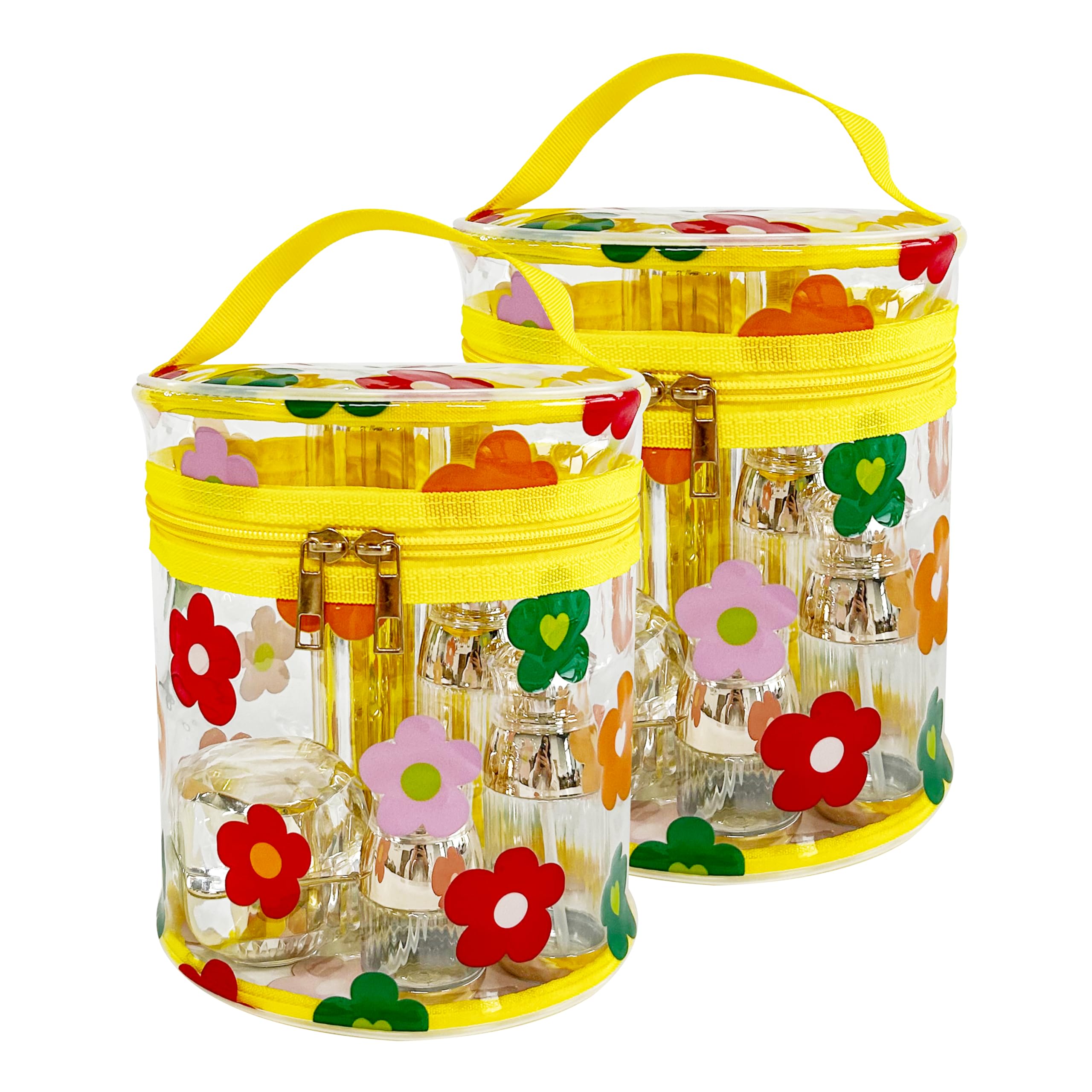 Printed Floral Clear Cylinder Travel Makeup Bag | Waterproof Cosmetic Pouch with Handle for Women & Girls | Perfect for Gym, Beach & Airplane Carry-On (D2064-3)