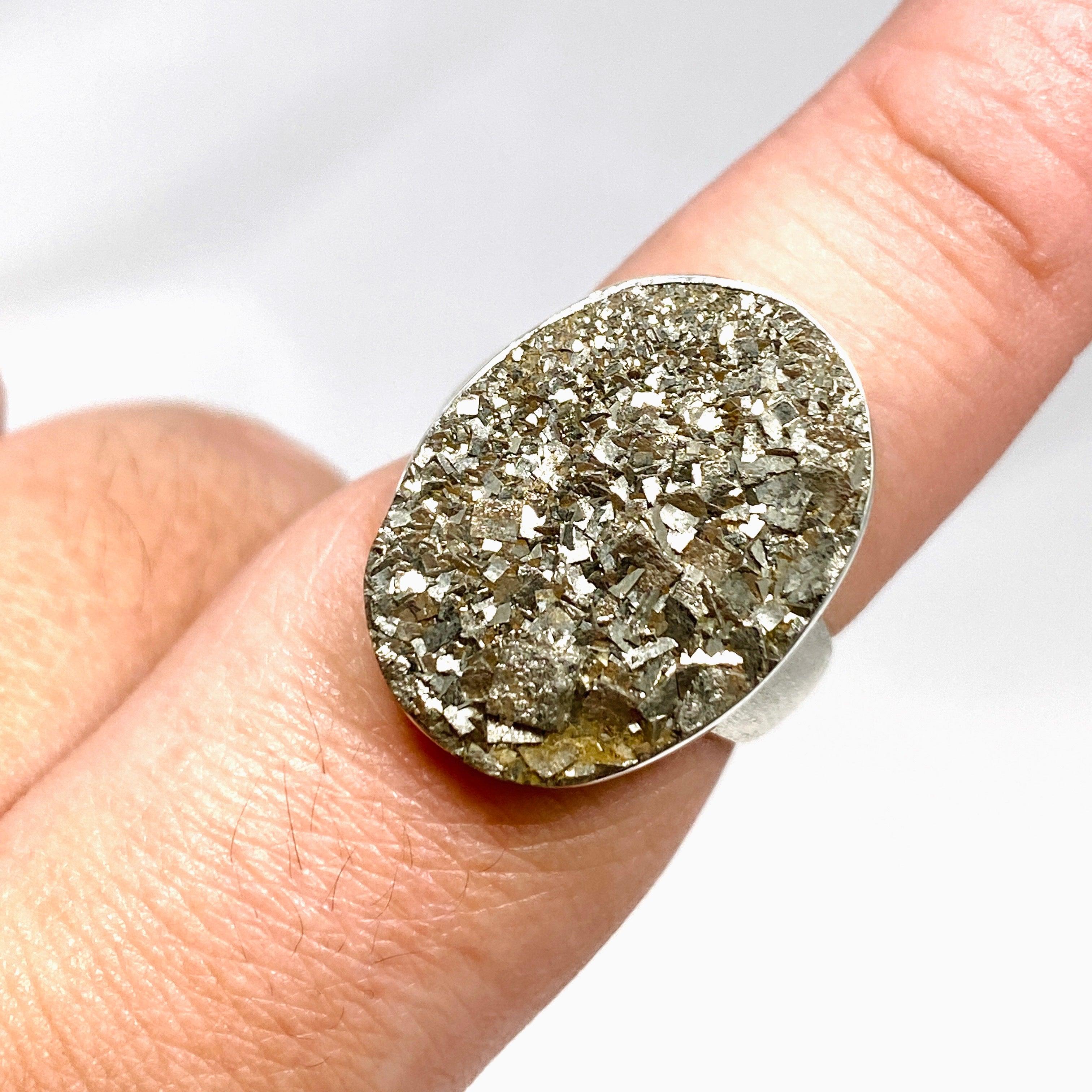 Natural Pyrite Raw Oval Ring with Brushed Silver Band - Size 9 - KRGJ3194 - Perfect for Boho Jewelry Lovers & Crystal Healing Enthusiasts