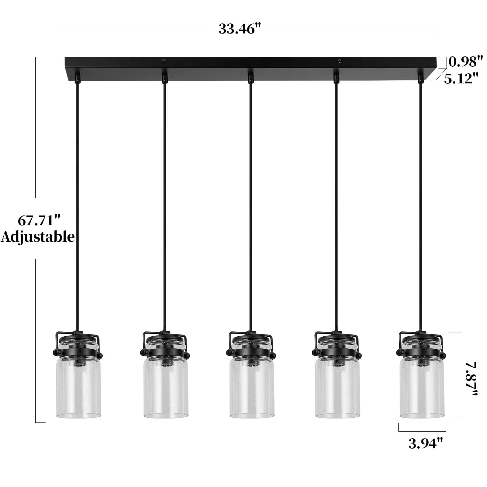 5-Light Black Linear Chandelier for Kitchen Island & Dining Room - Farmhouse Style Pendant Lighting with Glass Shades | Perfect for Modern Farmhouse, Rustic, and Industrial Home Decor