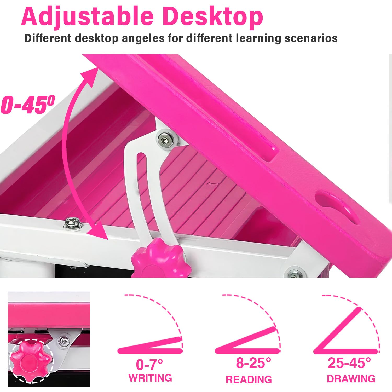 Adjustable Kids Desk and Chair Set - Ergonomic Children's Study Table with Storage Drawer, Tilt Desktop & Metal Hook - Multi-Functional Learning Desk for School & Homework (Pink) - Perfect for Homeschooling, Online Classes & Bedroom Study Space