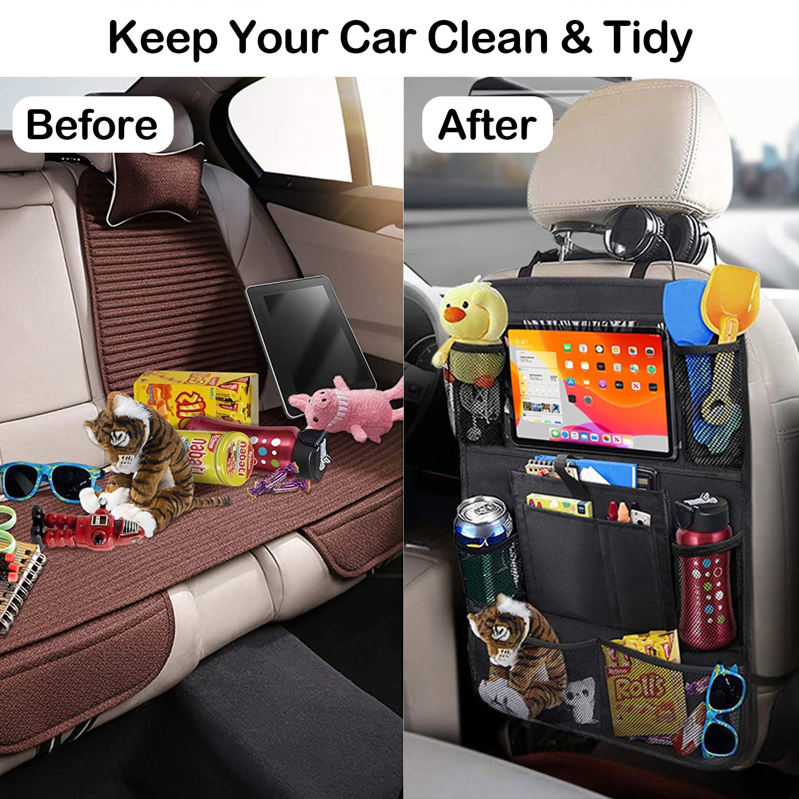 Durable Waterproof Car Backseat Organizer with Tablet Holder - 2 Pack Oxford Fabric Storage for Kids Toys & Snacks - 8 Mesh Pockets & 2 Large Pockets - Perfect for Road Trips & Family Travel Accessories