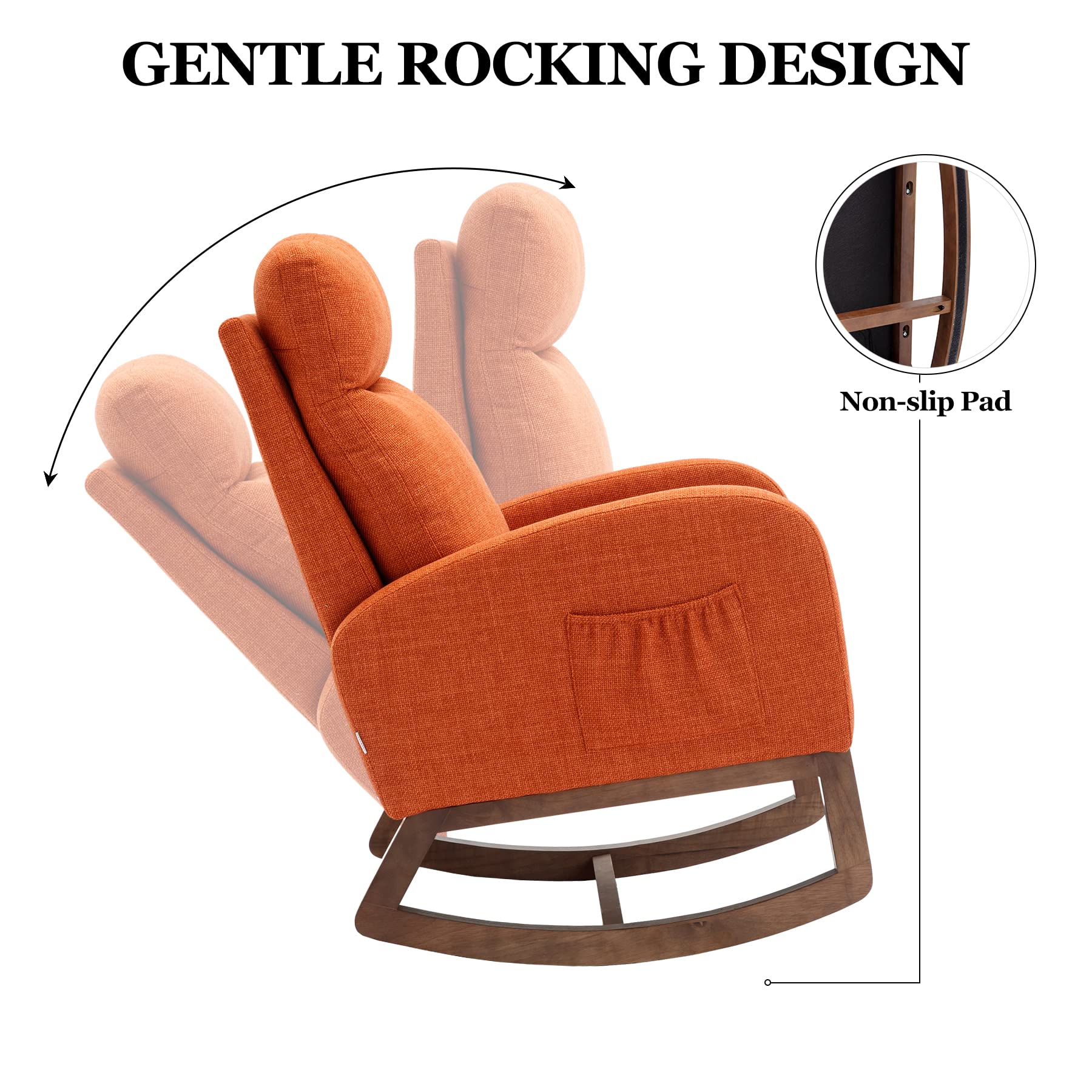 Comfortable Dolonm Nursery Rocking Chair - Upholstered Glider Rocker with Padded Seat & High Backrest, Accent Armchair for Living Room, Bedroom, Baby Nursery - Perfect for Nursing, Relaxing & Reading (Orange)