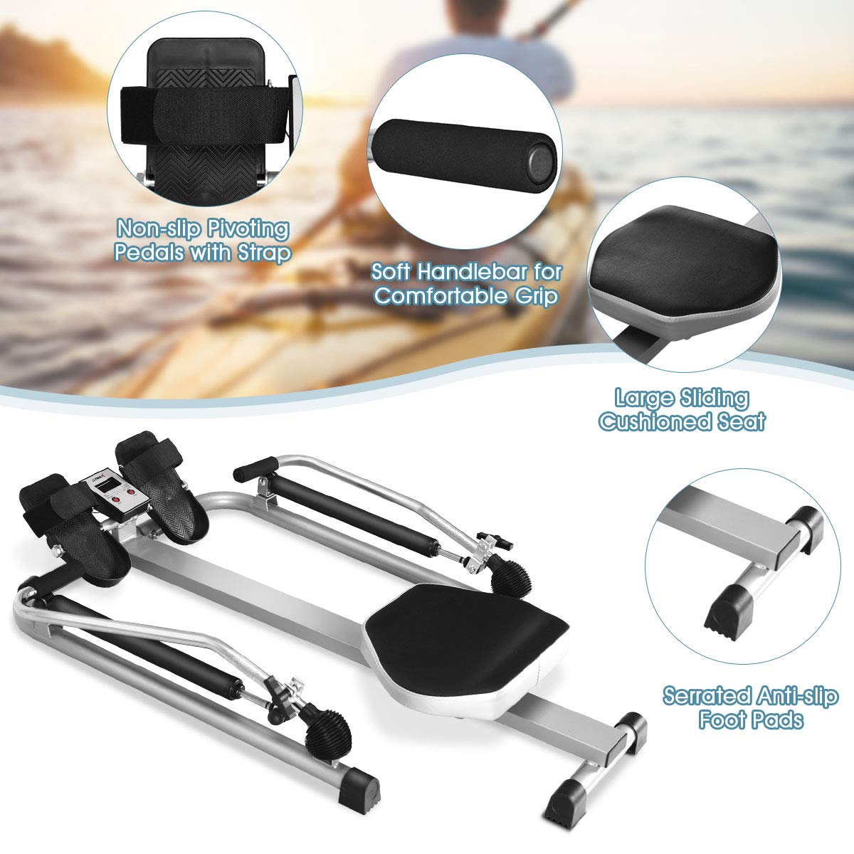 GYMAX Hydraulic Rowing Machine for Home Workout - 265LBS Weight Capacity, Adjustable Resistance up to 110lbs with LCD Monitor - Compact Full Motion Rower for Cardio & Strength Training - Perfect for Small Spaces & Home Gym Fitness