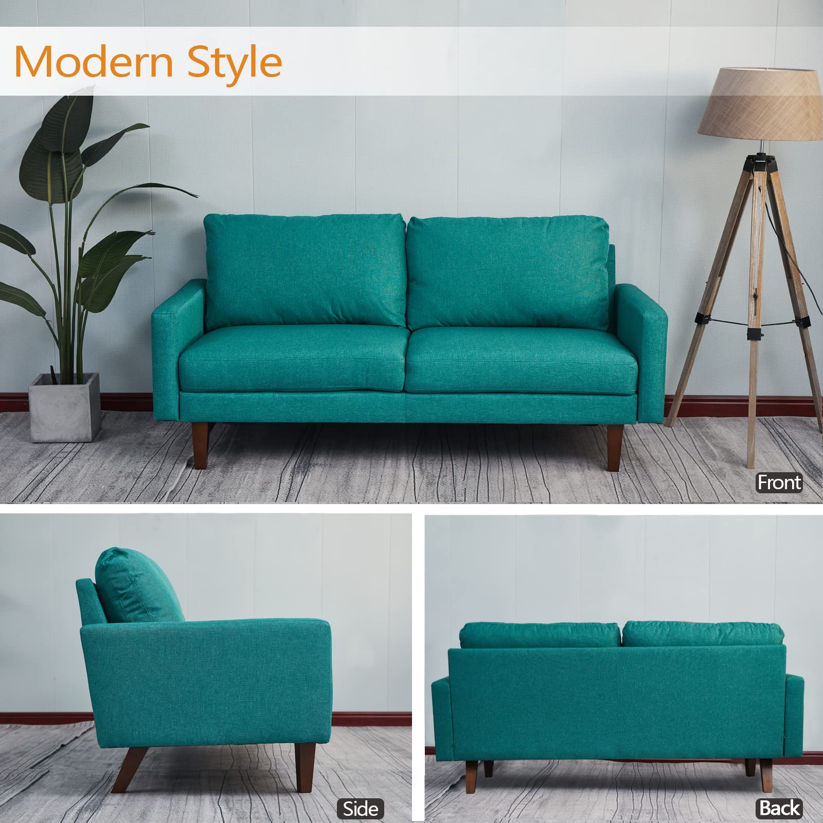 Modern Linen Sofa with Wooden Legs - Comfortable Loveseat for Living Room, Bedroom & Office - Green - Perfect for Small Spaces, Apartments and Cozy Home Decor