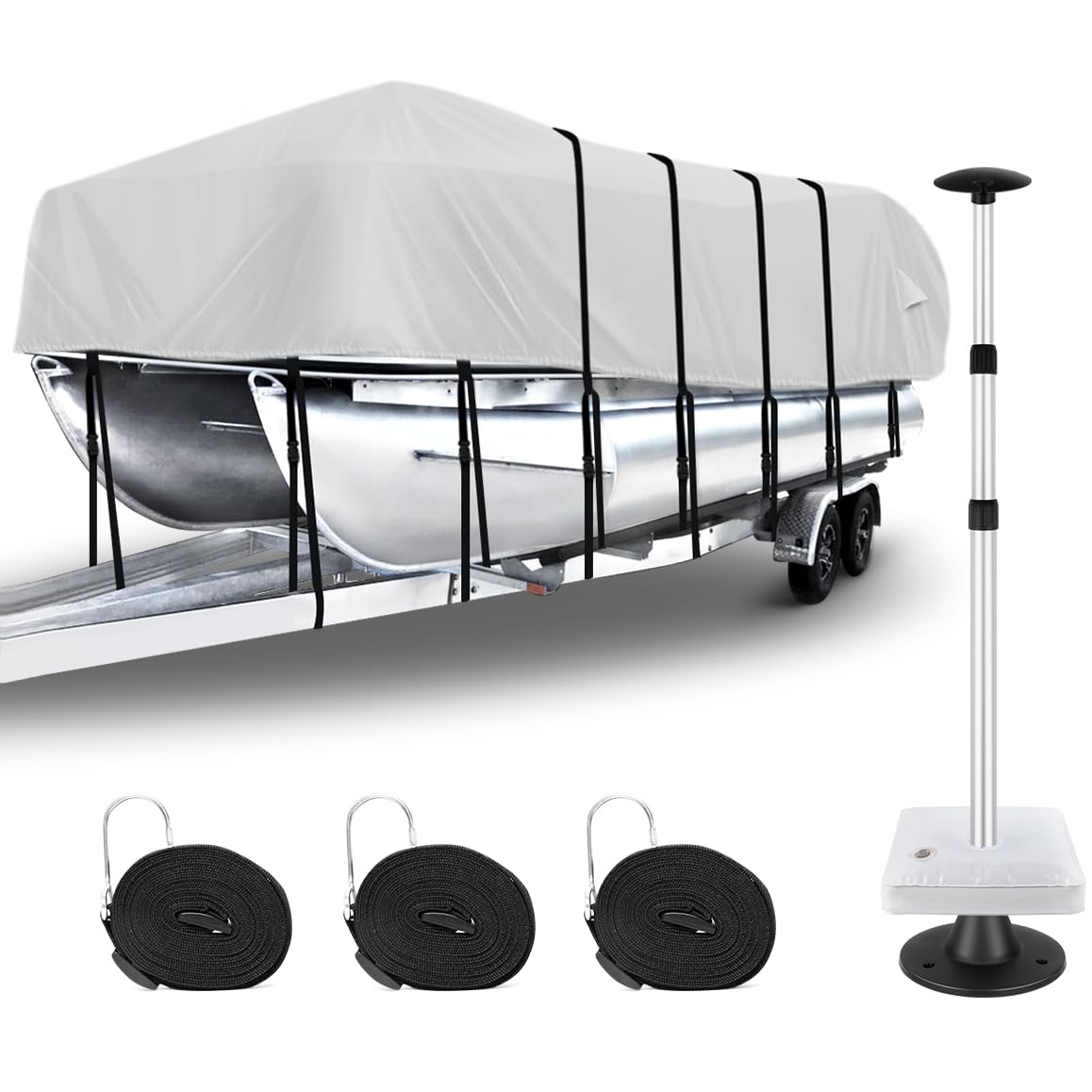 **1200D Heavy Duty Waterproof Pontoon Boat Cover with Support Pole - Fits 25-28ft Boats, Trailerable, Includes Motor Cover (Gray) - Perfect for Mooring, Storage & Outdoor Protection**