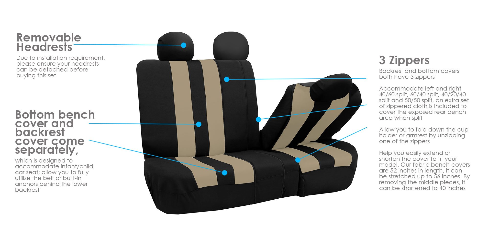 Premium FH Group Beige Striped Universal Car Seat Covers - Full Set with Airbag Compatibility & Split Rear Design | Perfect for Cars, Trucks & SUVs | Durable Interior Accessories for Daily Commute, Road Trips & Family Protection