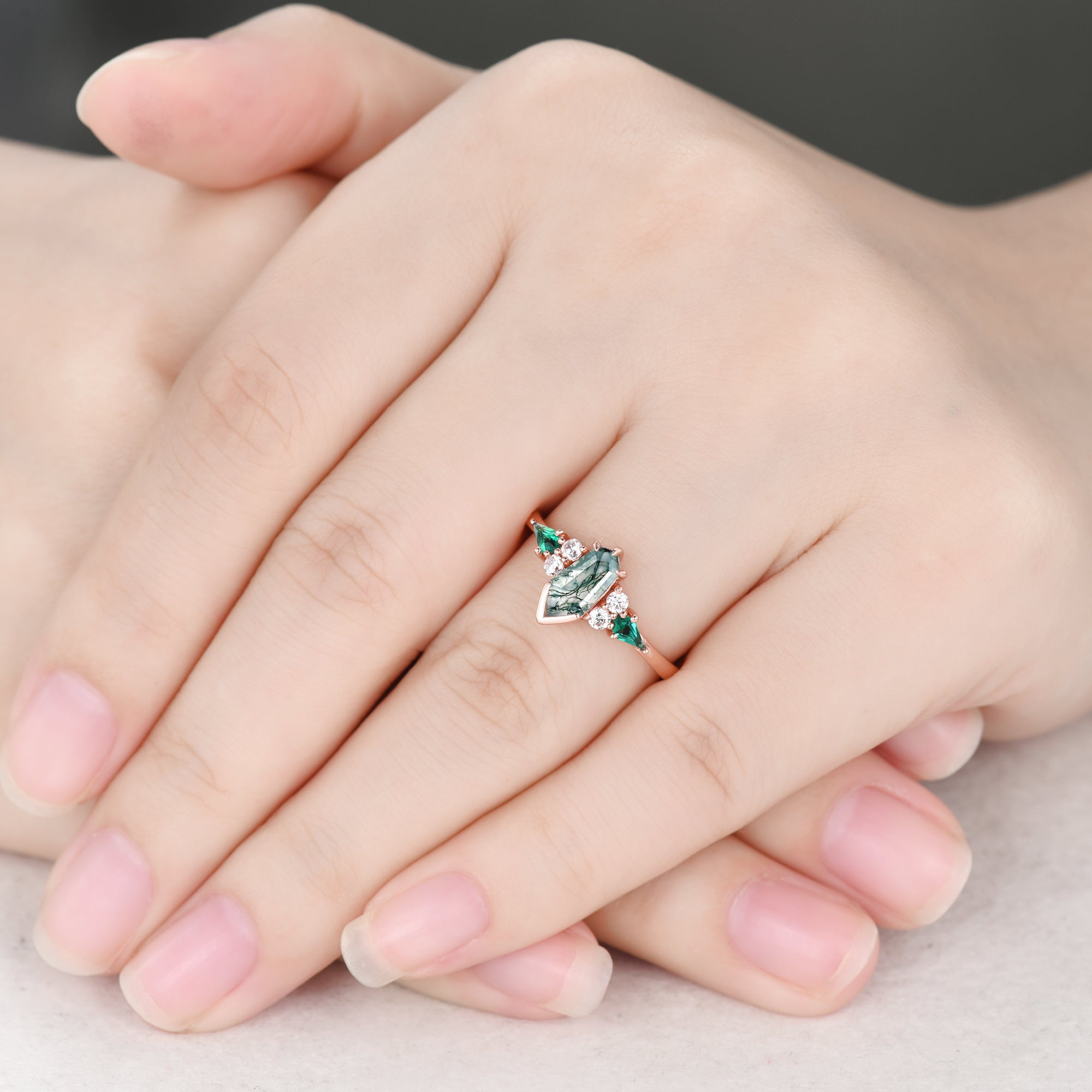 Unique Moss Agate Wedding Ring Set in Rose Gold - Gothic Engagement Ring with Coffin Shield Cut - Perfect for Alternative Weddings, Dark Romance & Gothic Bridal Jewelry