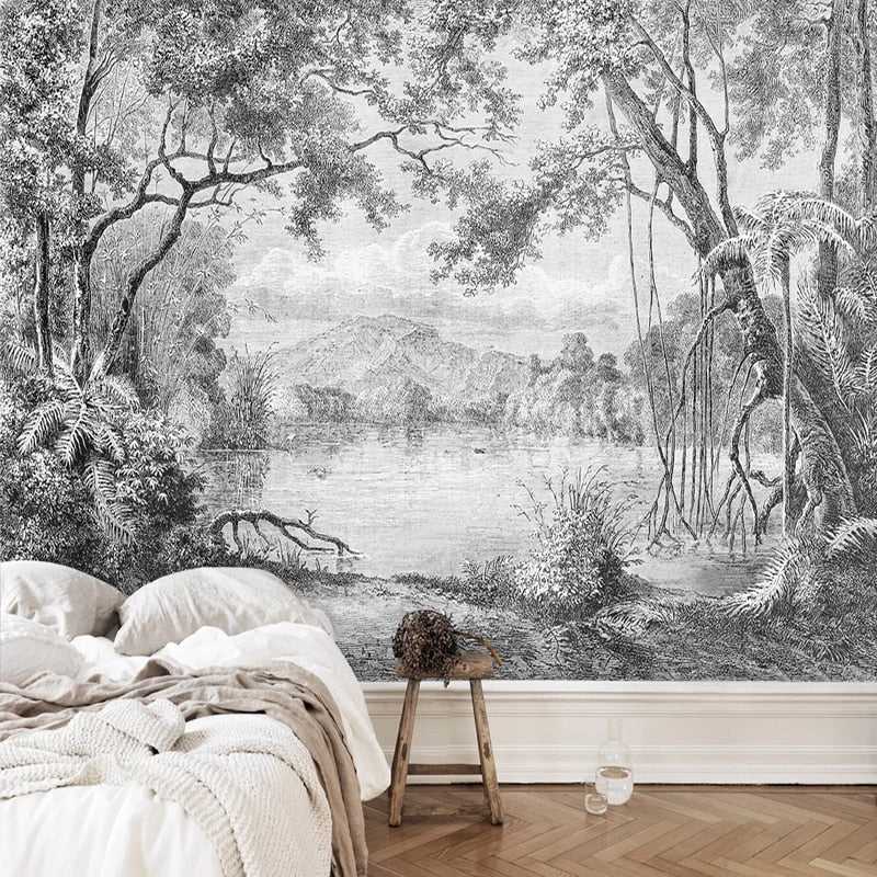 Whispering Shadows: Black and White Forest Wallpaper - Nature-Inspired Peel & Stick Wall Mural for Bedroom, Living Room, Office Decor | Waterproof Removable Wallpaper