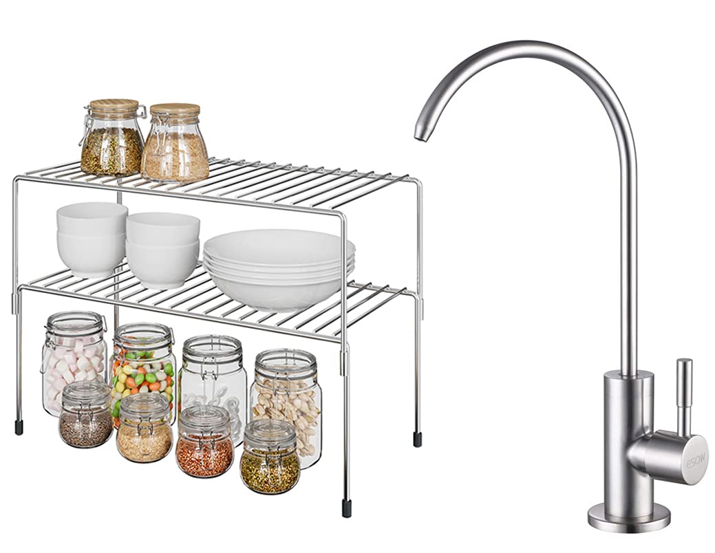 ESOW Stainless Steel Drinking Water Faucet & Adjustable Kitchen Cabinet Shelf Organizer Set (2-Piece) - Perfect for Home Kitchen Organization & Water Dispenser Installation