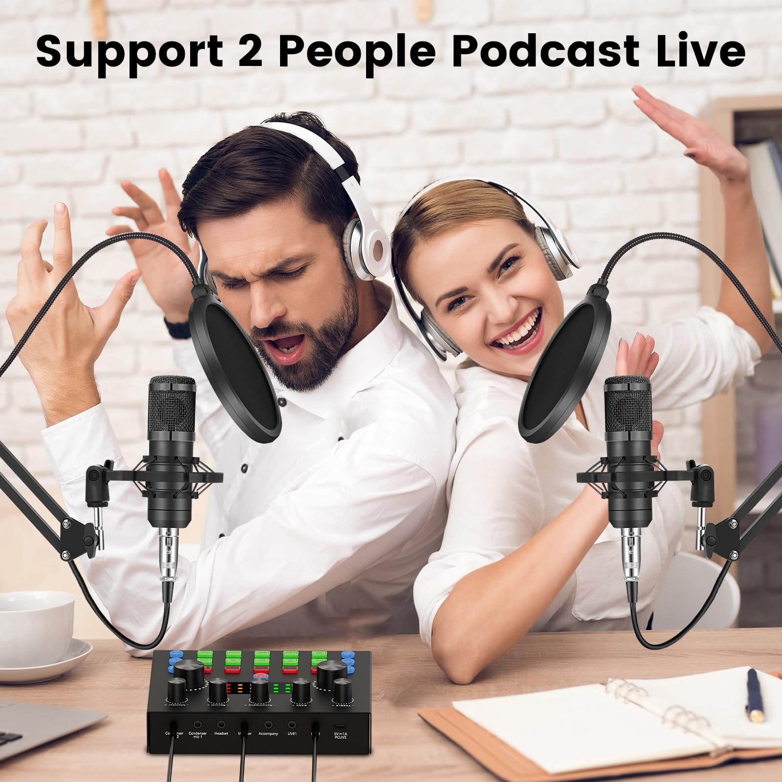 Professional Podcast Equipment Bundle for 2 - Audio Interface with Voice Changer, Condenser Mics for Gamers & Streamers - All-in-One Audio Mixer for Live Streaming, YouTube, Singing & Gaming - Perfect for Home Studios & Content Creation