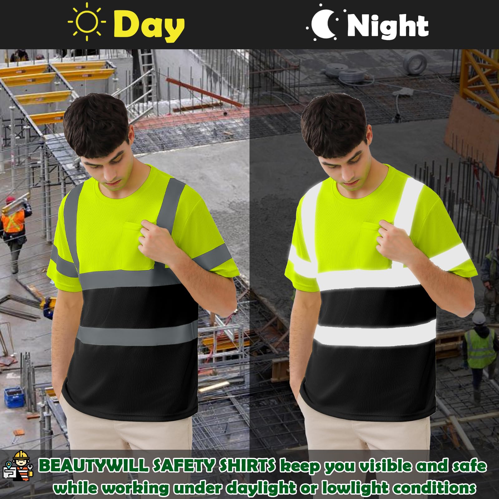 Men's Safety Work T-Shirts - Breathable & Moisture-Wicking Construction Shirts for Summer, Outdoor Work & Athletic Activities | High Visibility & Comfort for Job Sites, Hiking & Sports