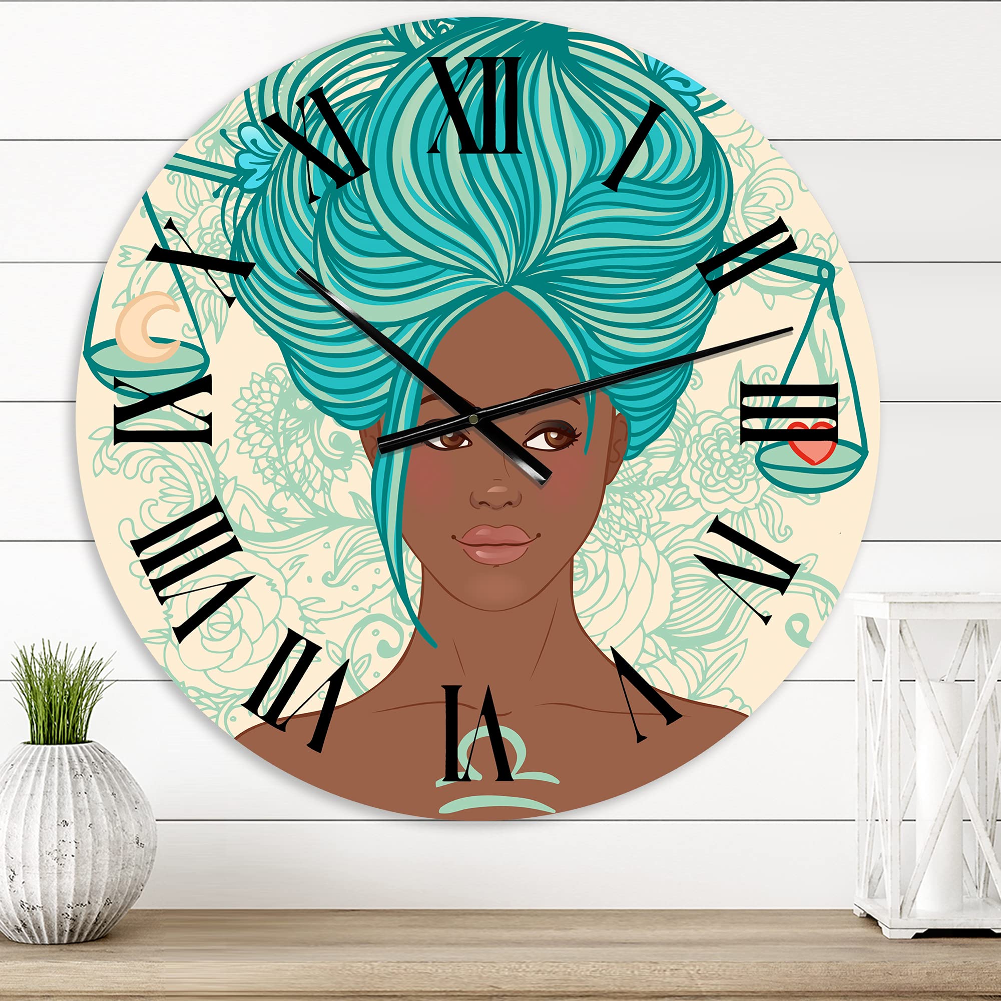 DesignQ Modern Wall Clock - Portrait of Afro American Woman with Blue Hair - Large Decorative Clock for Kitchen, Living Room & Office - Perfect for Home & Office Decor