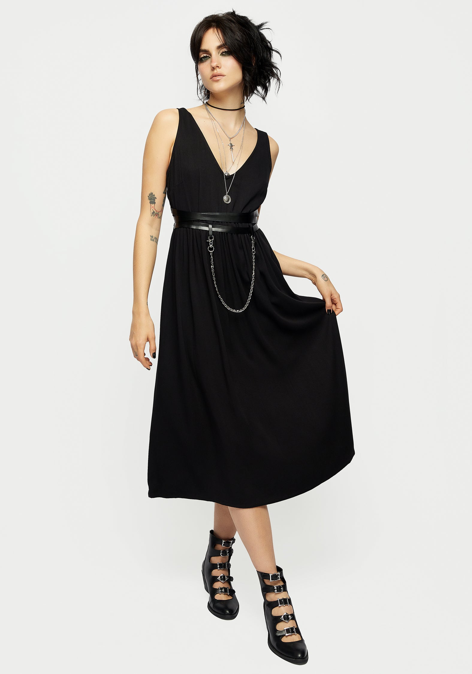 Elegant Raven V Neck Sleeveless Chain Midi Dress for Women - Perfect for Cocktail Parties, Date Nights & Evening Events