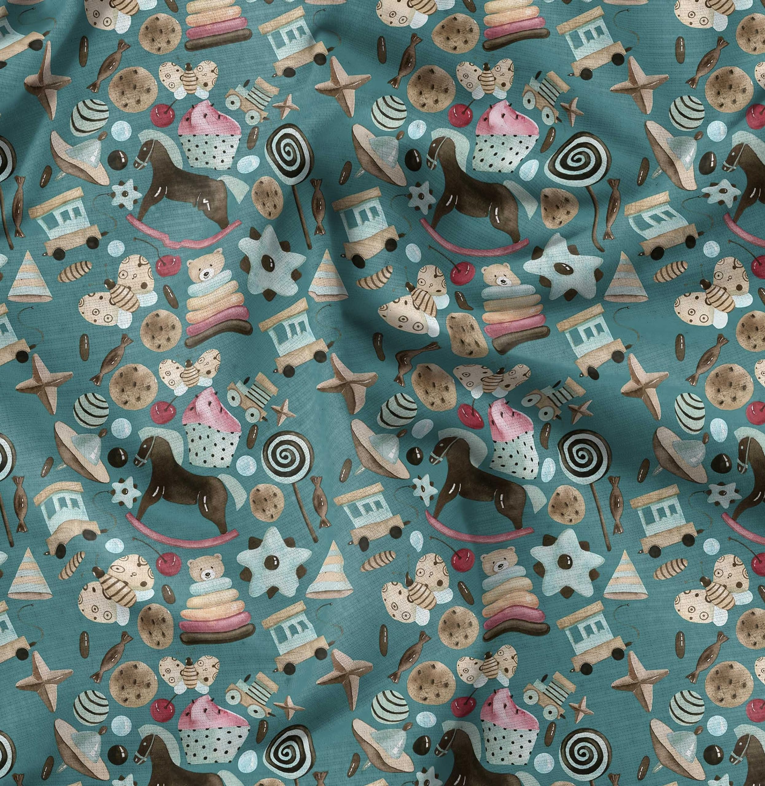Soimoi Green Silk Fabric by The Yard - 42 Inch Wide - Cartoon Kids Textile with Cookies, Bear & Rocking Horse Print - Sweet Playful Patterns for Children's Room Decor, DIY Projects & Crafting