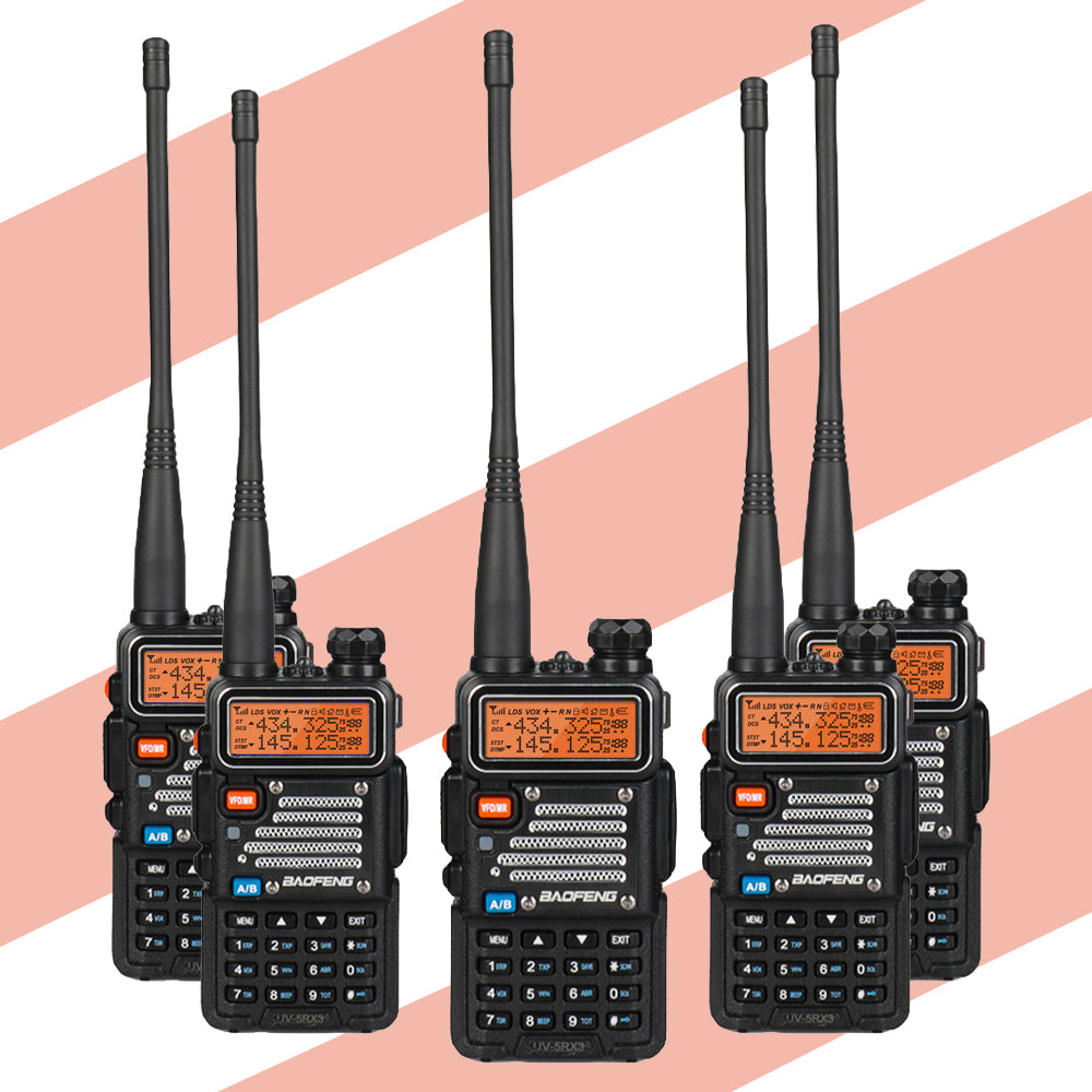 Baofeng UV-5RX3 Tri-Band Walkie Talkie (5 Pack) - 1.25M/2M/70CM Bands, Tri-Color LCD Display, Dual Antennas, Programming Cable Included - Perfect for Outdoor Adventures, Construction Sites & Emergency Communication