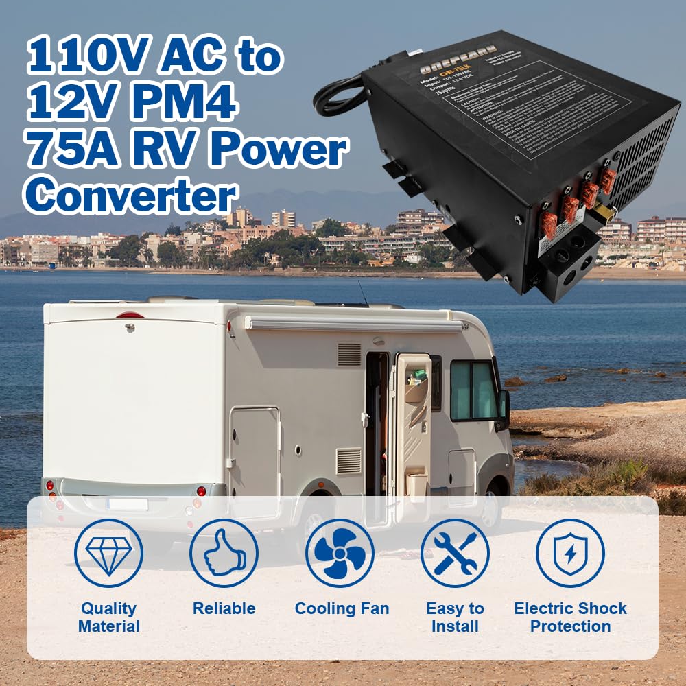 75 Amp RV Power Converter with 4-Stage Smart Battery Charger - 110V AC to 12V DC Converter for RVs, Campers & Trailers - Reliable Power Supply for Off-Grid Living & Road Trips