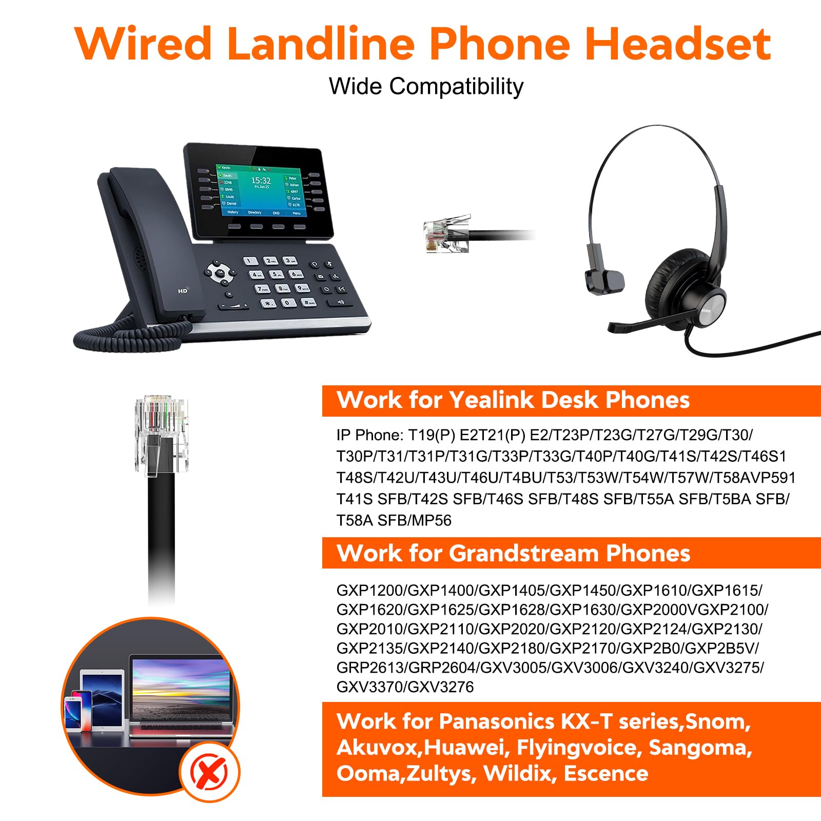 Noise Canceling Office Phone Headset with RJ9 QD Cable - Single Ear Wired Headset Compatible with HTek, Fanvil, Snom, Grandstream, Yealink T21P/T22P/T26P/T28P/T23G/T29G/T41S/T42S/T46S - Ideal for Call Centers, Remote Work & Business Communications