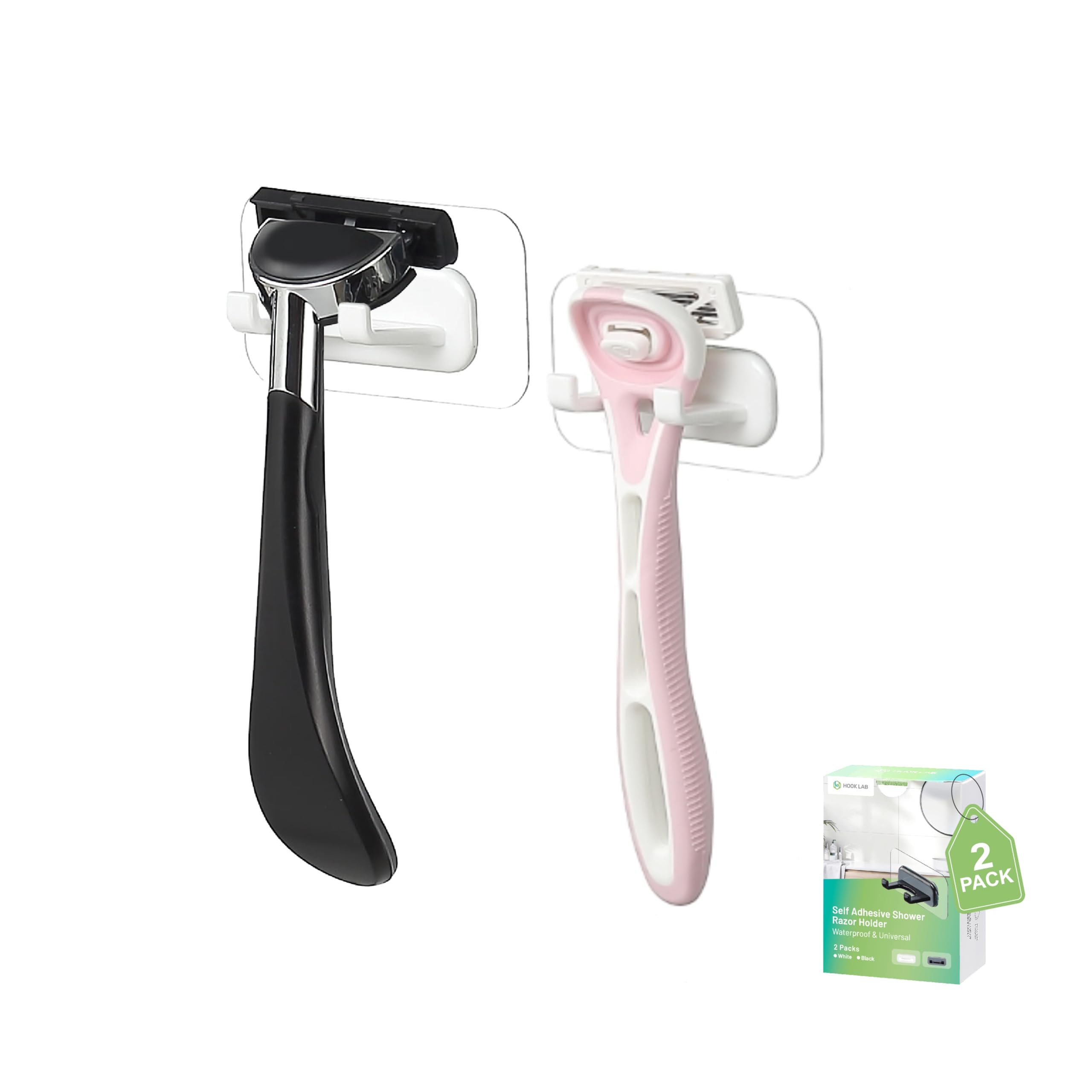Self-Adhesive Shower Razor Holder - 2 Pack Waterproof Hooks for Bathroom & Kitchen - Removable & Reusable for Towels, Bath Accessories - White - Perfect for Shower Organization & Small Space Storage
