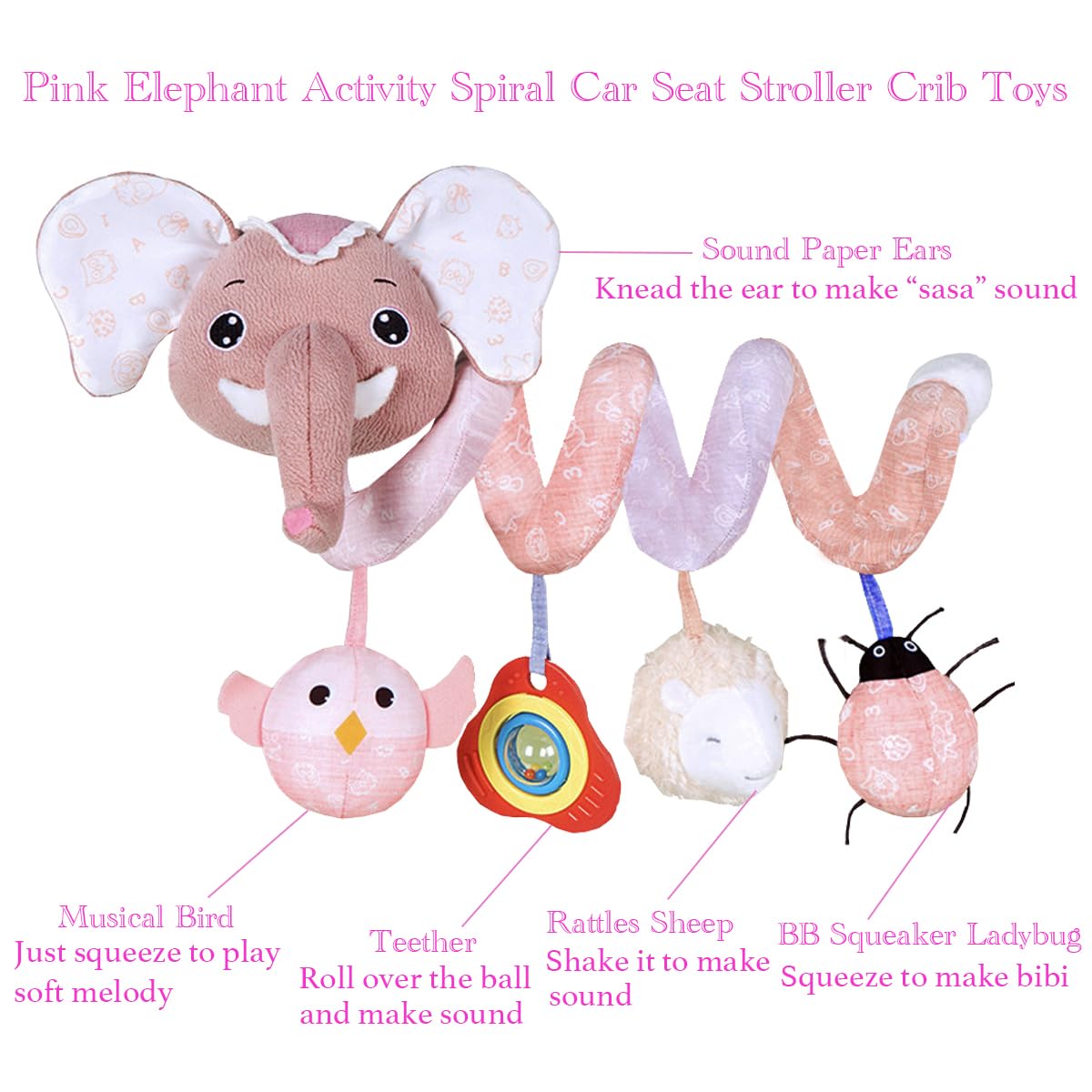 Pink Elephant Baby Car Seat Toys - Spiral Hanging Developmental Toys for Newborns 0-12 Months | Crib, Bassinet & Stroller Mobile | Early Learning Sensory Toy for Infant Girls & Boys | Perfect for Road Trips & Nursery Decor