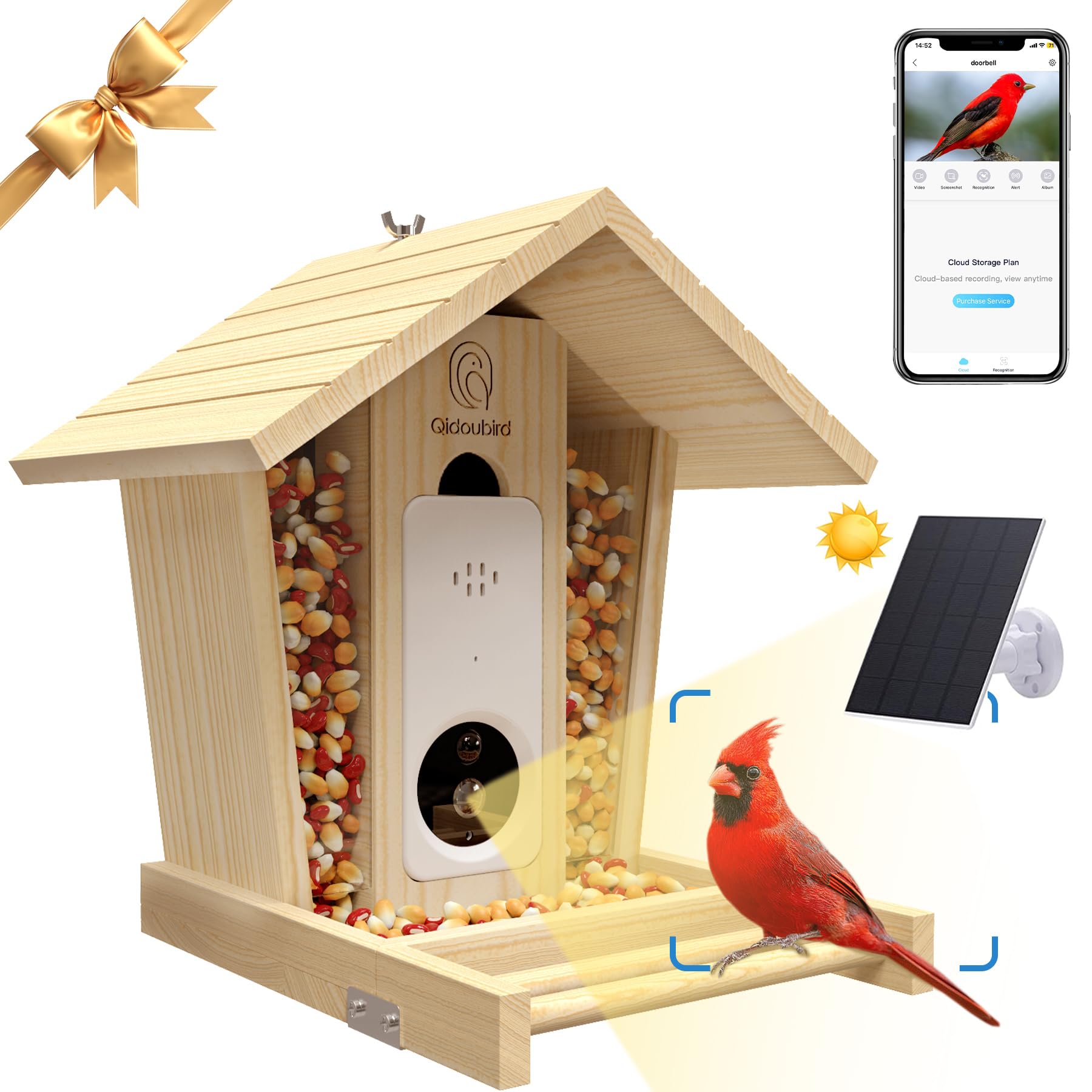 Solar Powered Smart Bird Feeder with Camera - 2K HD Auto Capture, Weatherproof Wooden Birdhouse with Live View - Perfect Gift for Bird Watching Enthusiasts (Backyard, Garden & Wildlife Observation)