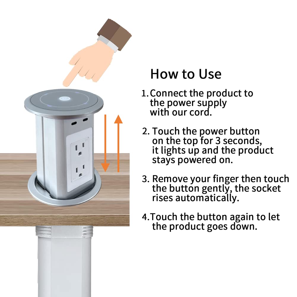 ZESHAN Pop Up Outlet with Wireless Charger - 4 AC Outlets & 2 USB C Ports - 1.8M Extension Cord for Kitchen Countertop, Office Desk, Bedroom - Smart Space-Saving Power Strip (Silver)