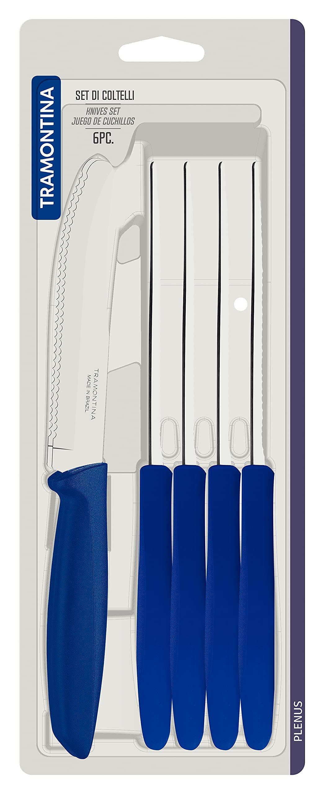 Tramontina 6-Piece Kitchen Knife Set - Stainless Steel Serrated Fruit & Tomato Knife, Vegetable Chopper & Peeler with Rounded Tip - Multipurpose Blue Knives for Cooking, Slicing & Meal Prep (Model 23498155)